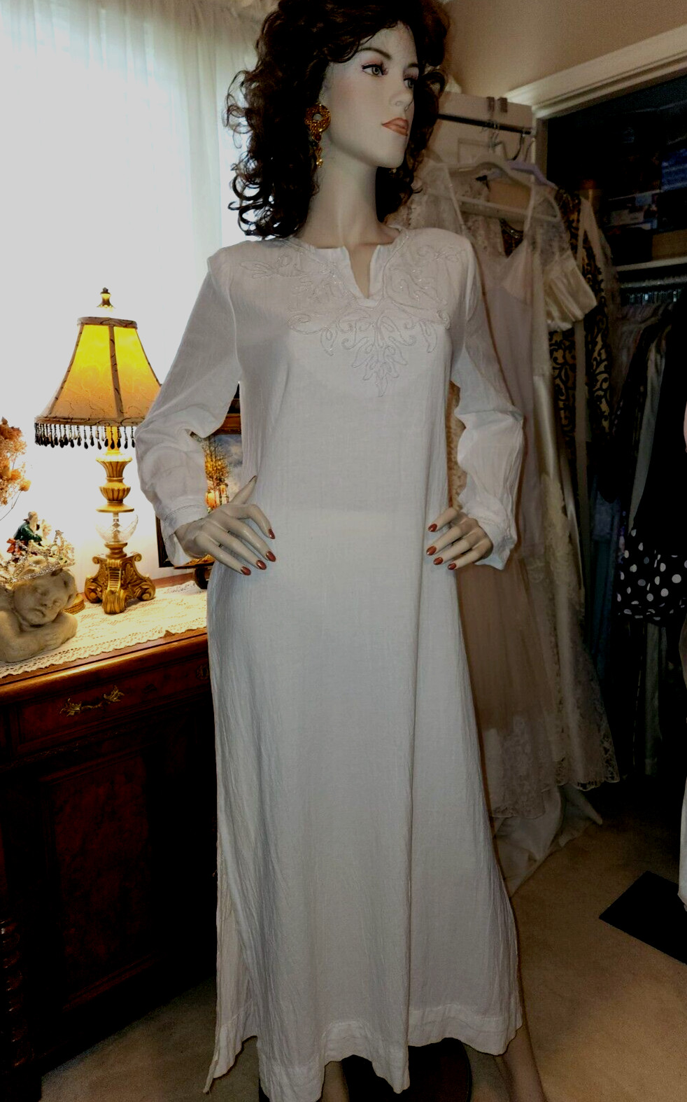 Vtg Georgette Trabolsi Saks Fifth Avenue White Crinkle Hostess Gown Robe Dress S
