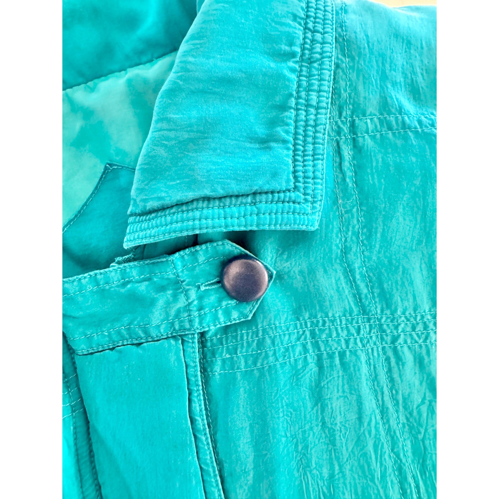 Lavon Silk Bomber Jacket Womens Medium Teal Vintage 80s Grid Stitched Zip Up