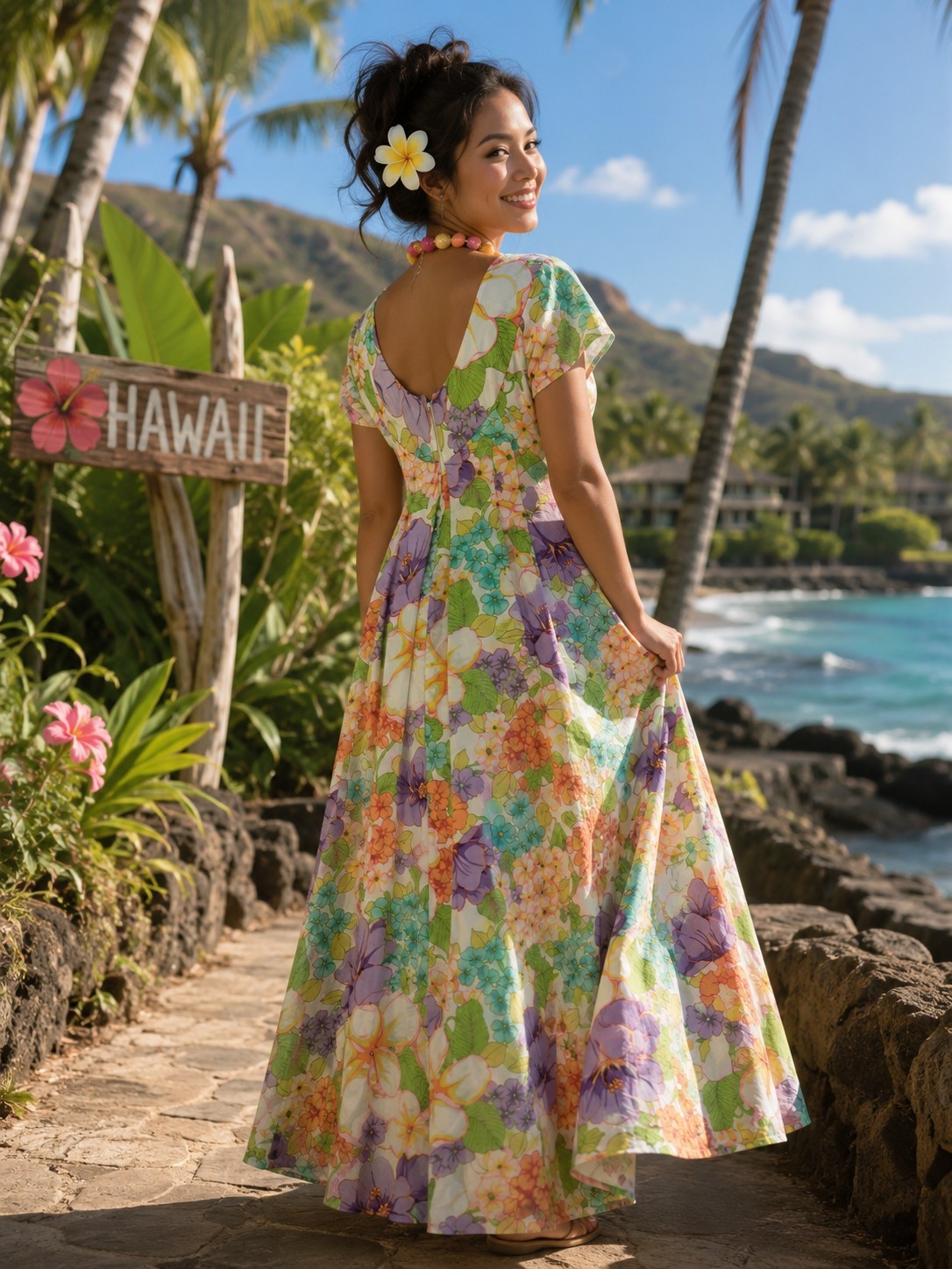 Vintage Made In Hawaii Psychedelic Floral Maxi Dress Tropical Boho Hippie