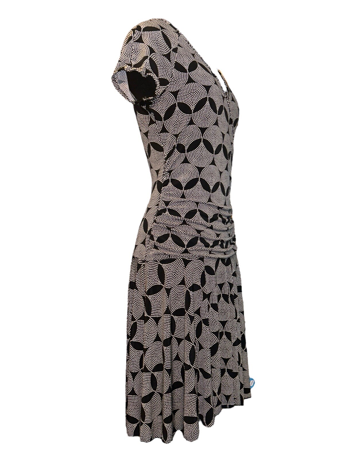 BCX V-Neck Cap Sleeve Ruching Bl/Wh Geo Print Short Faux Wrap Dress Women L VTG