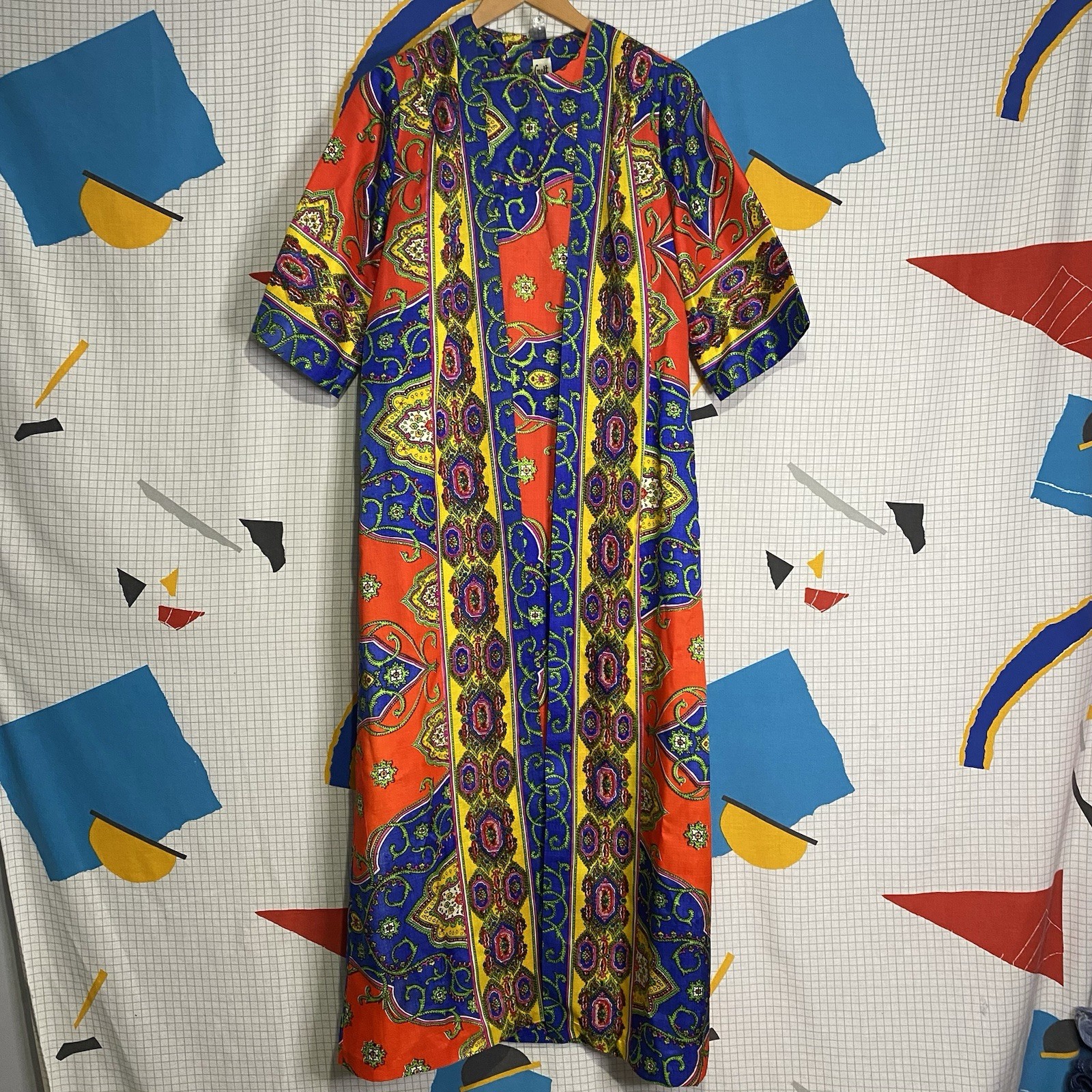 Vintage 60s Pyschedelic Kaftan Dress Small Wrap Hippie Boho Paisley Mod 70s