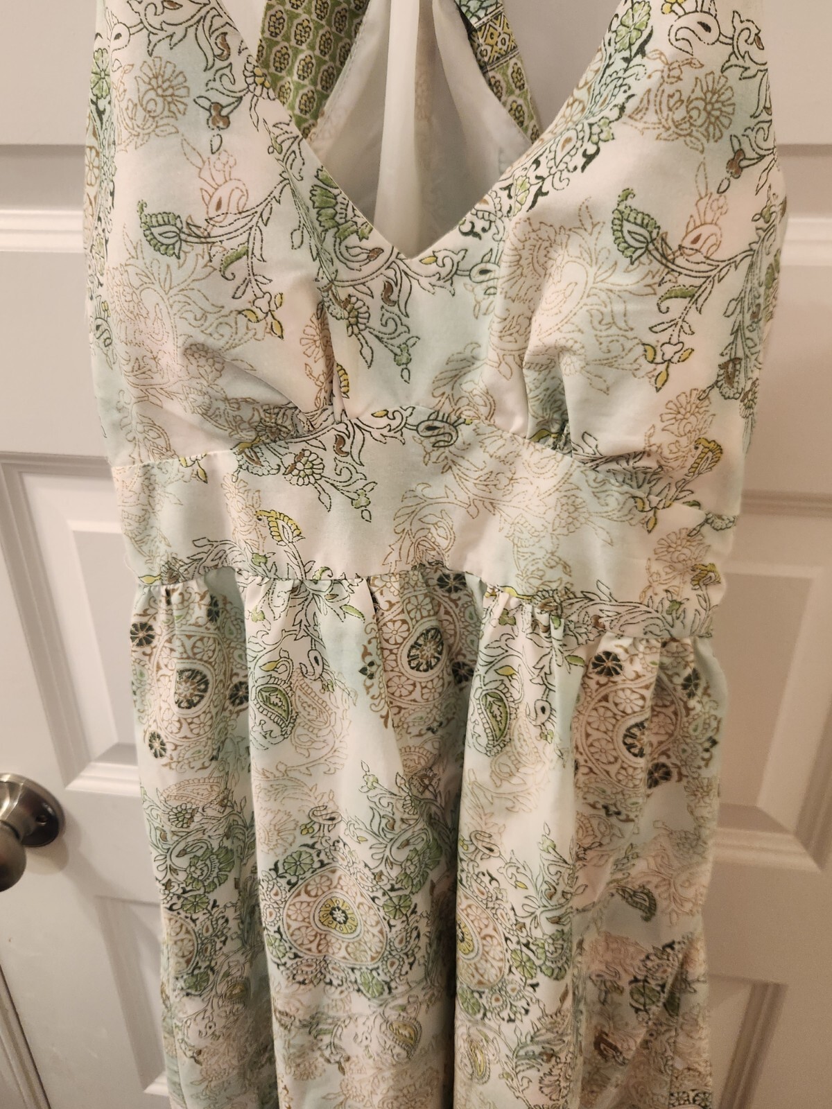 Alyn Paige Size S Maxi Dress Cross Back Floral Green VTG V Neck #Z574