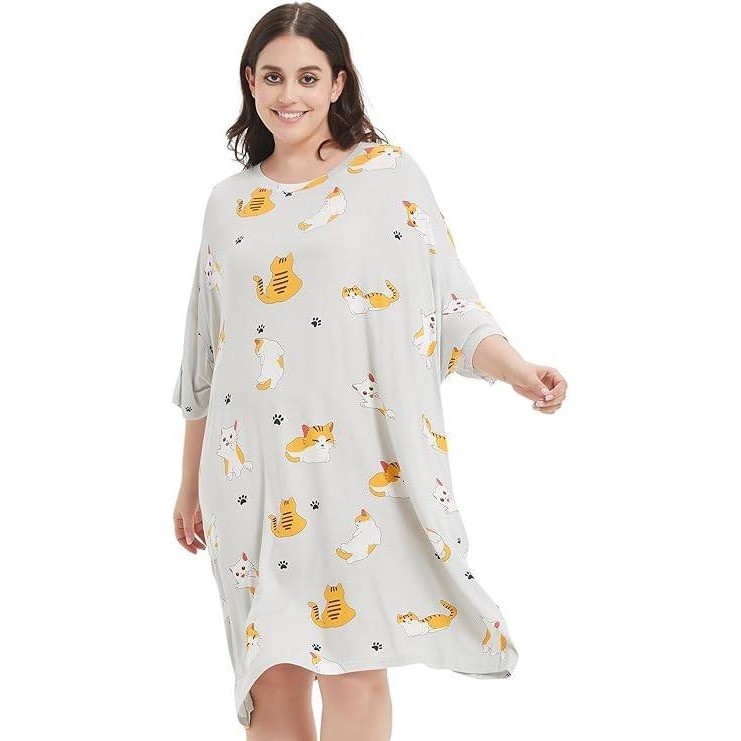 KFUBUO Plus Size Nightgowns for Women Grey Cat Fit S-5XL Oversized Sleep