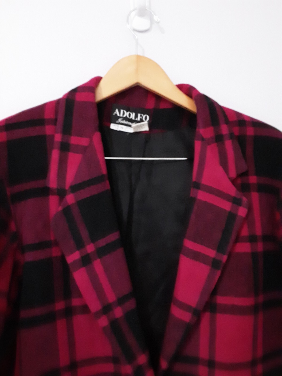 Vintage Adolfo Size S Oversized Blazer Jacket Pink Black Plaid Wool Blend