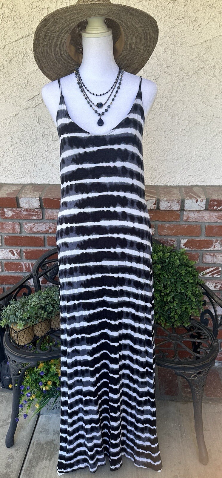 Vintage Alloy Apparel Tie Dye Maxi Dress; Black/Off White Stripe W/Spag Straps