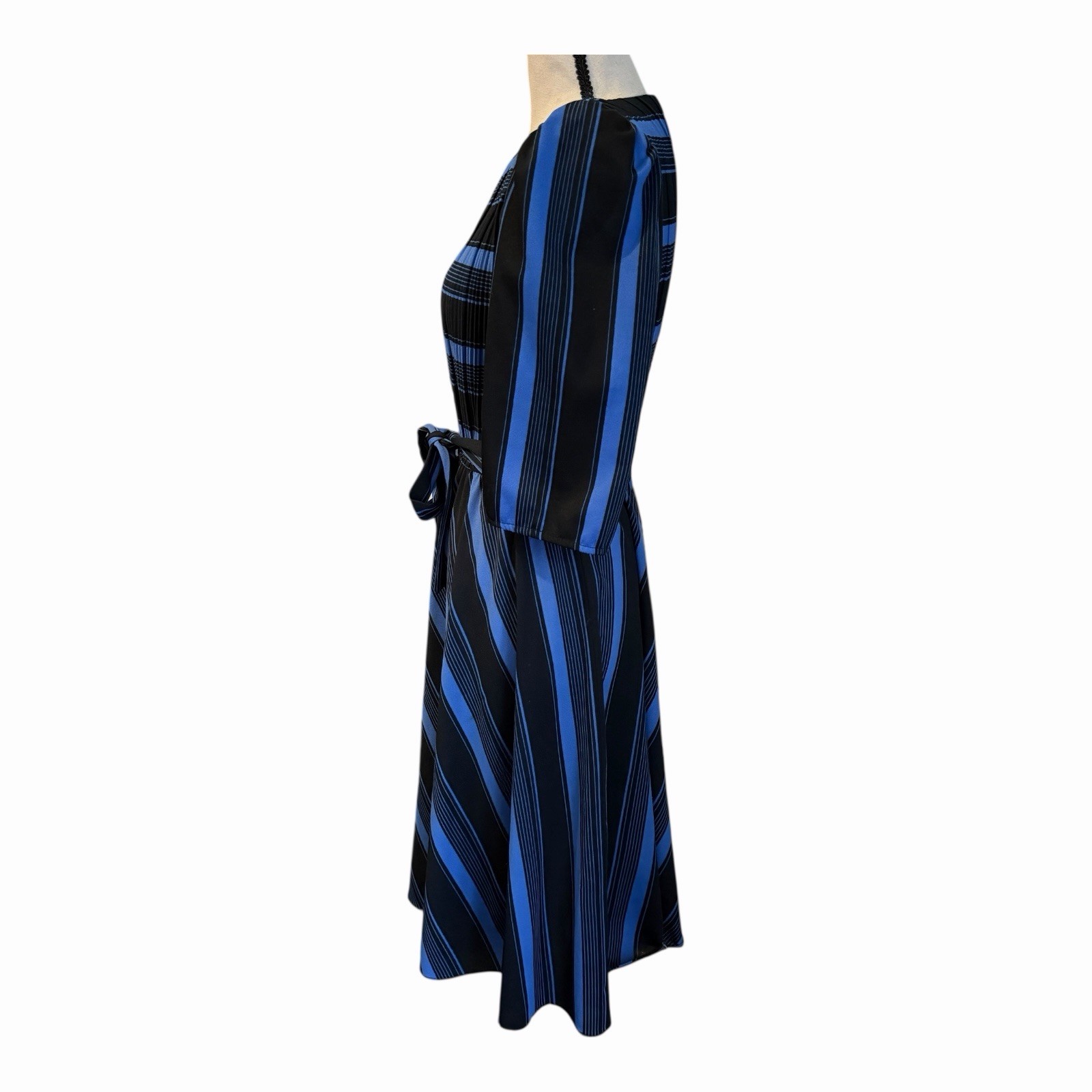 Vintage 70s S.L. Petites Blue Black Striped Tie Waist Midi Dress Made in USA S/M