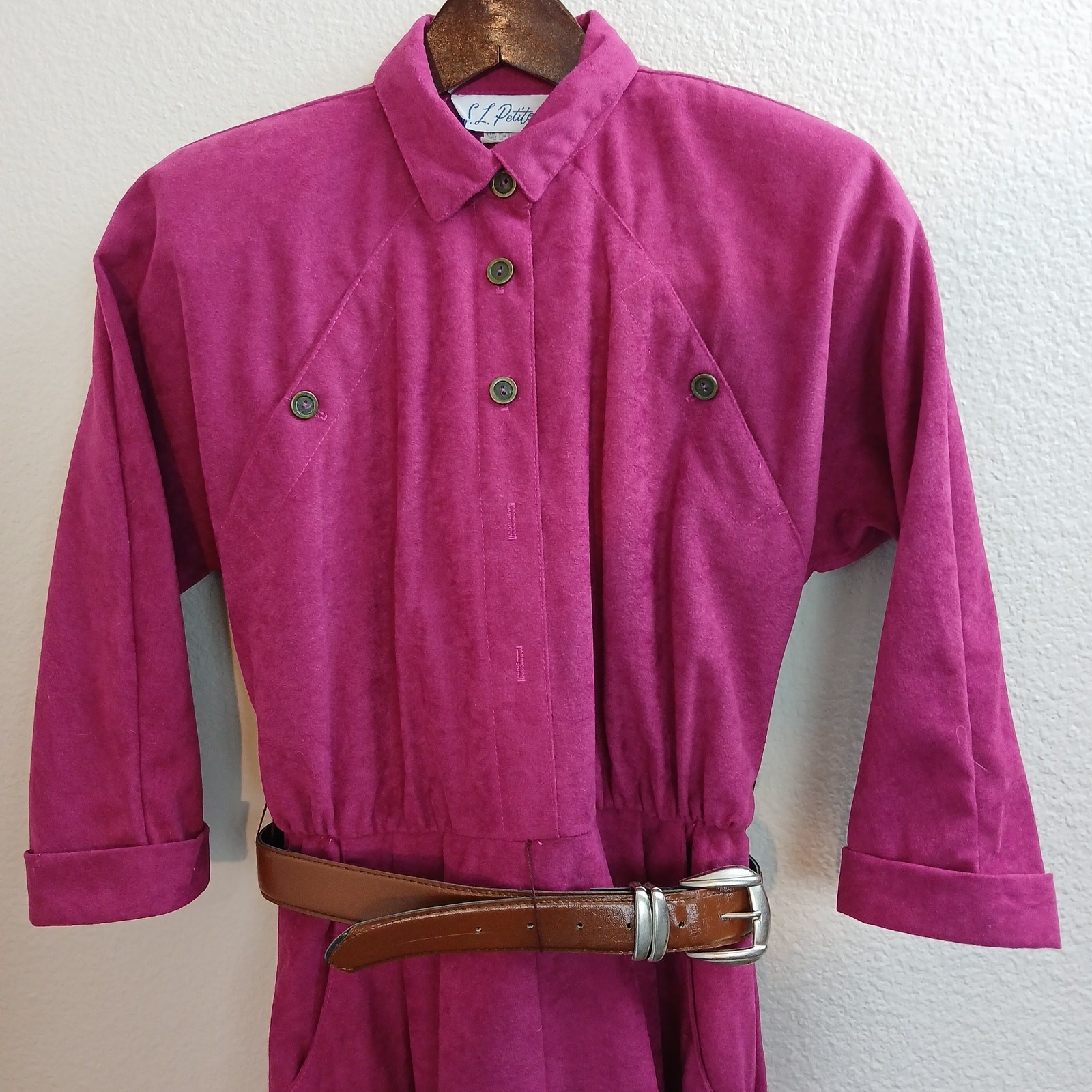Vintage 80s S.L. Petites Magenta Suede Shirt Dress 6 needs repair pockets belted