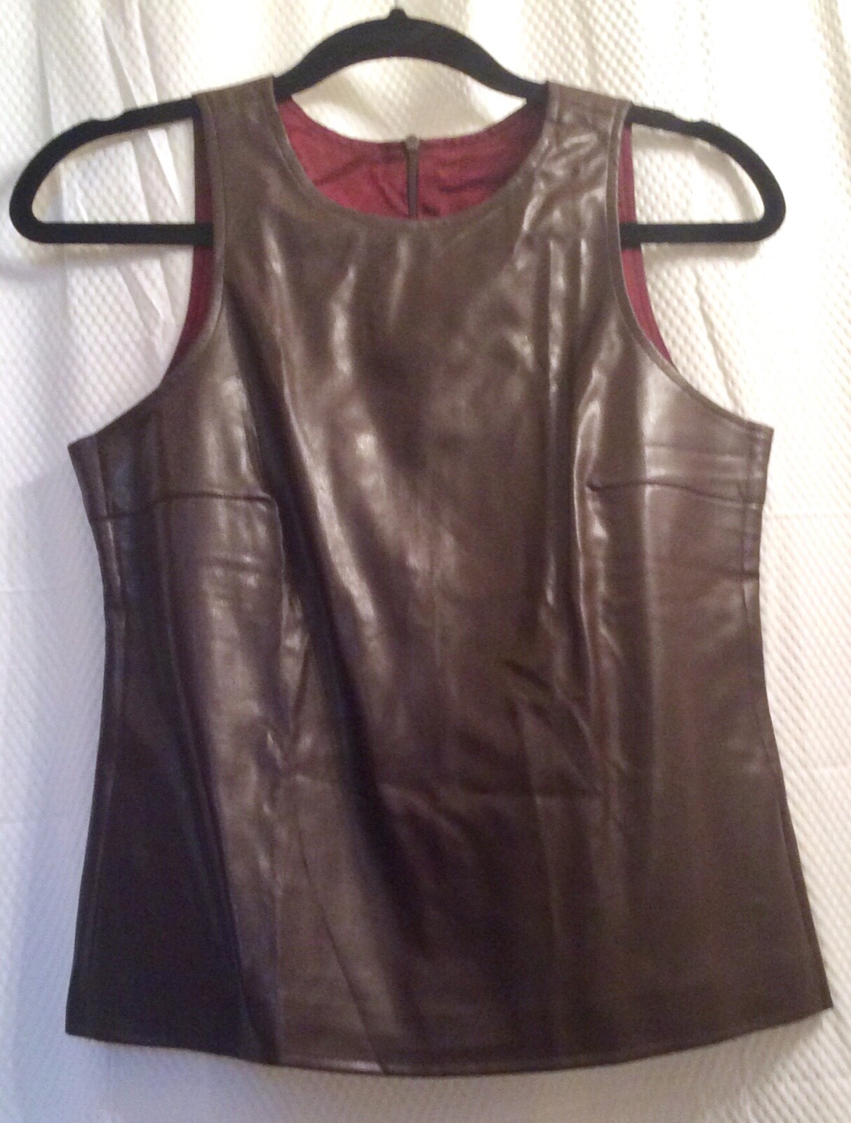 Vintage Chocolate Brown Vinyl Sleeveless Top with Red Satin Lining No Tags