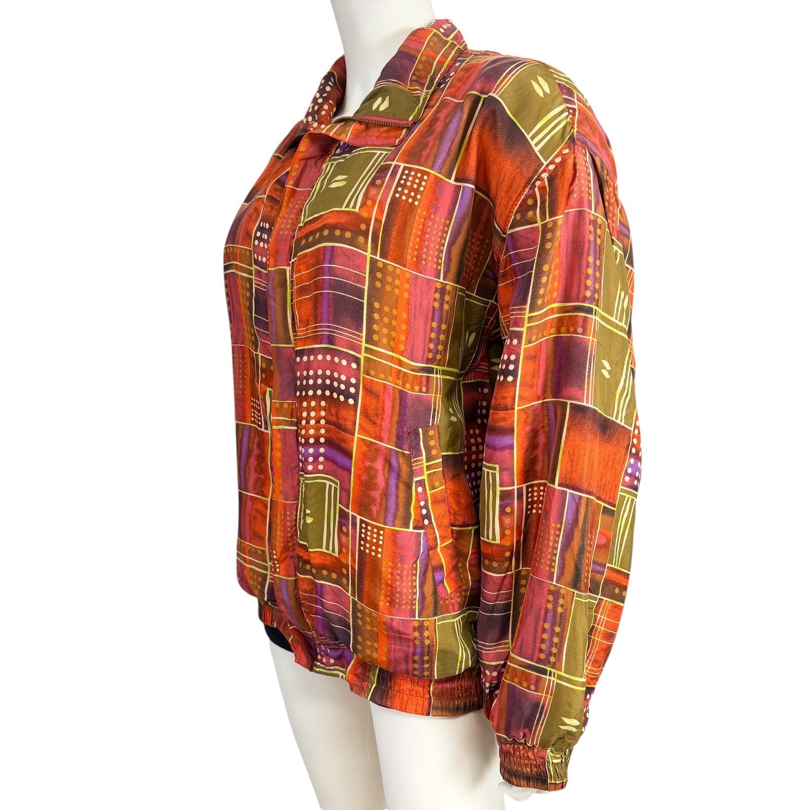 Fuda International Vintage 100% Silk Geometric Patchwork Bomber Jacket Large