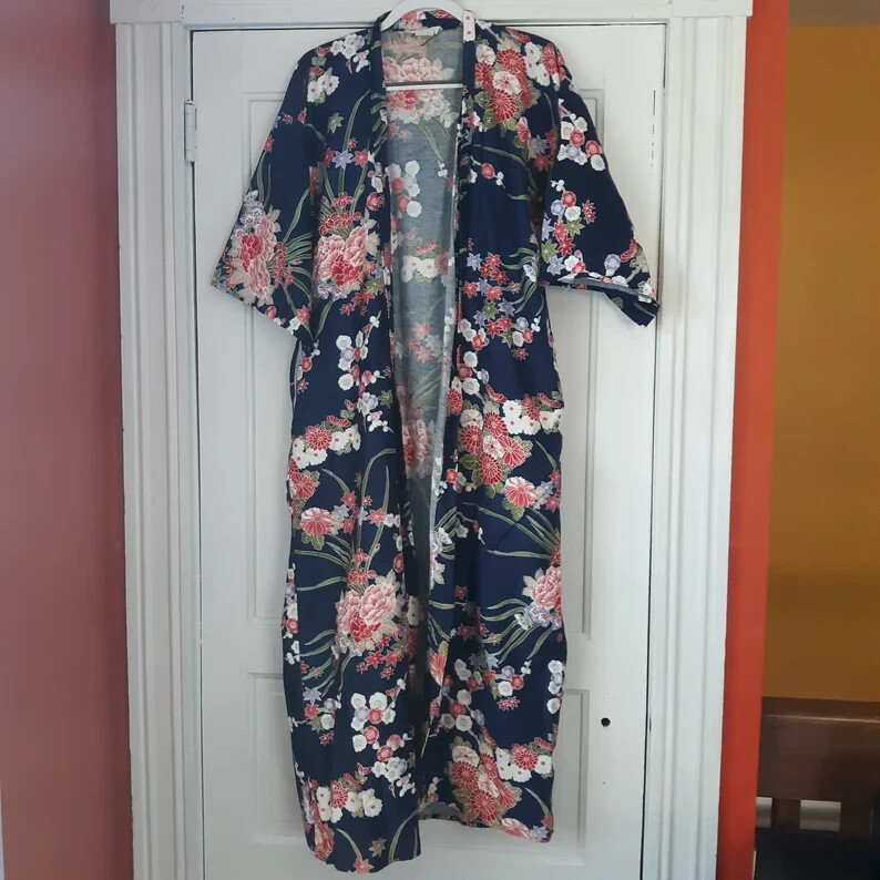 VINTAGE 60s/70s John Wanamaker XL Cotton Blue Floral Kimono Dressing Gown Robe