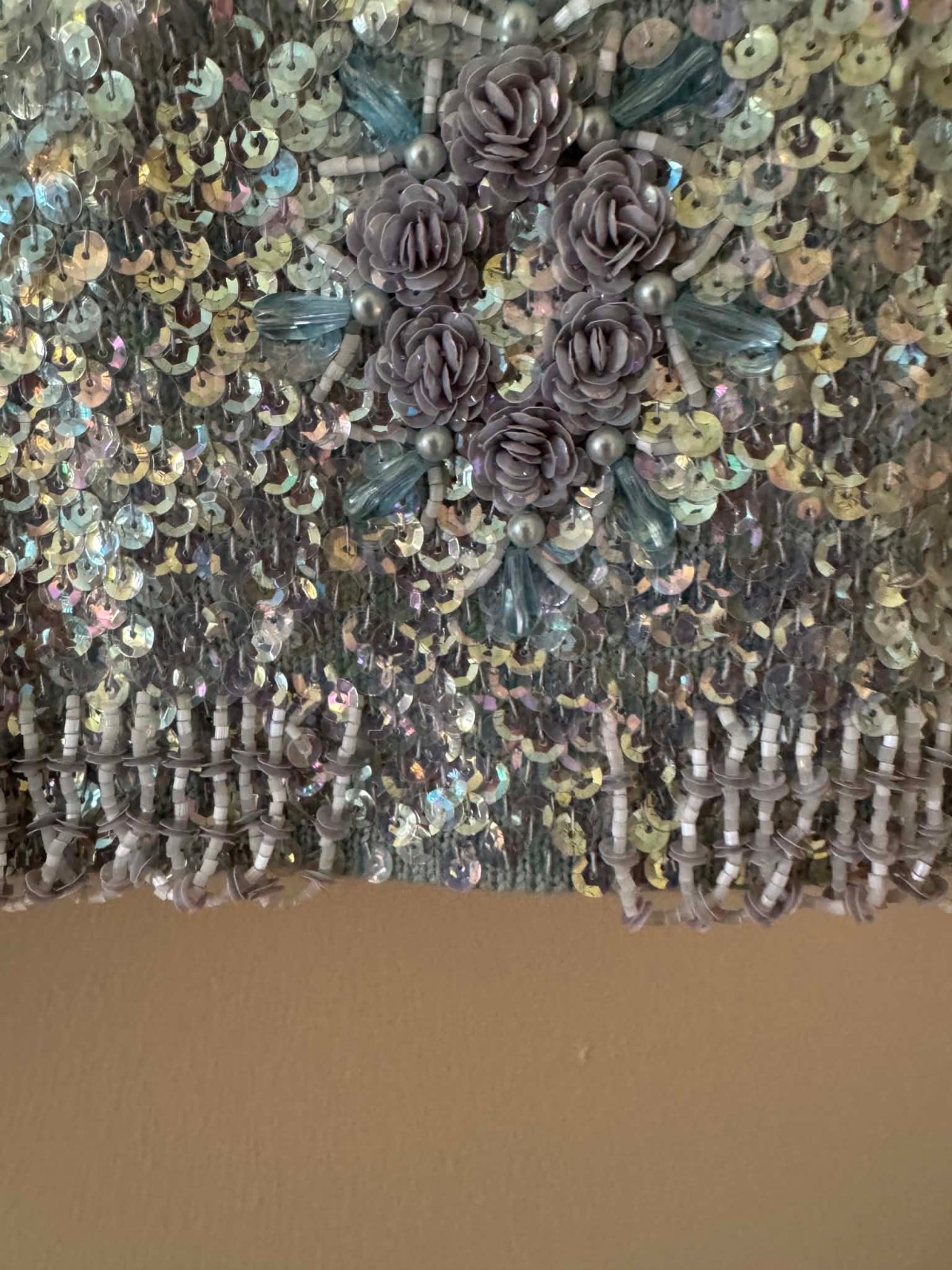 1950’s-60s Ice Blue & Silver Hand Beaded Sequined Wool Top Size M Hong Kong