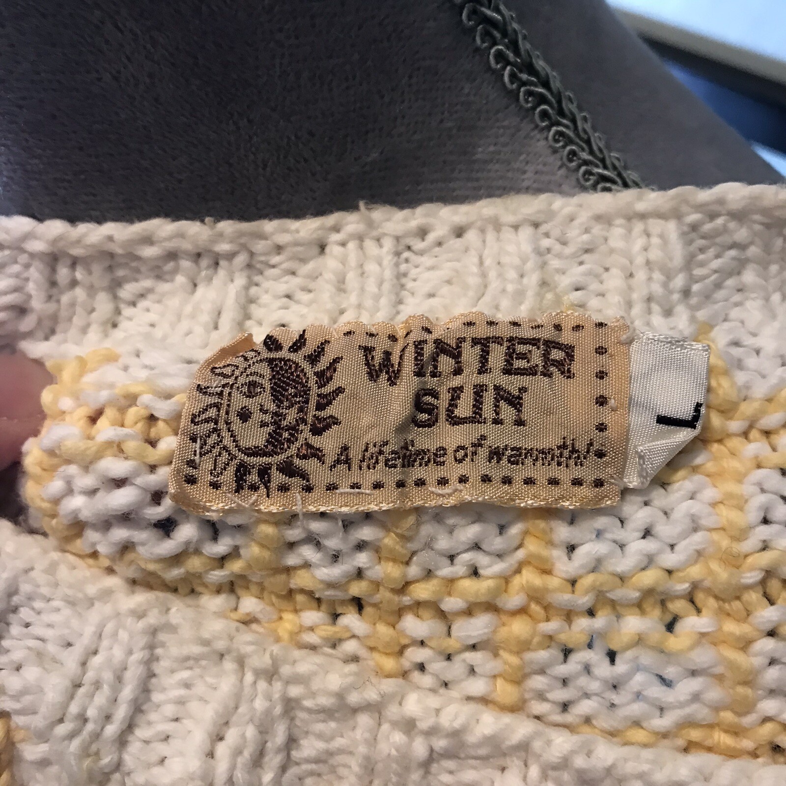 Vintage Winter Sun Sweater Womens Yellow White Cotton Size L