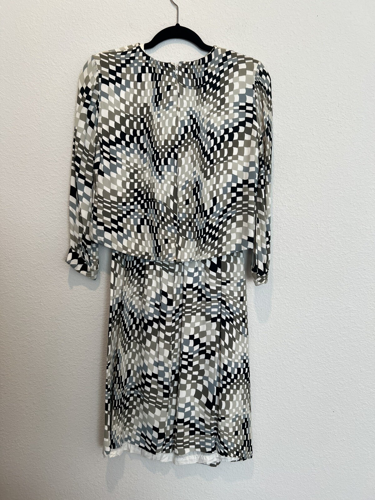 VTG 60s Bud Kilpatrick Checkered Print 2 Piece Dress Black White Brown Geometric