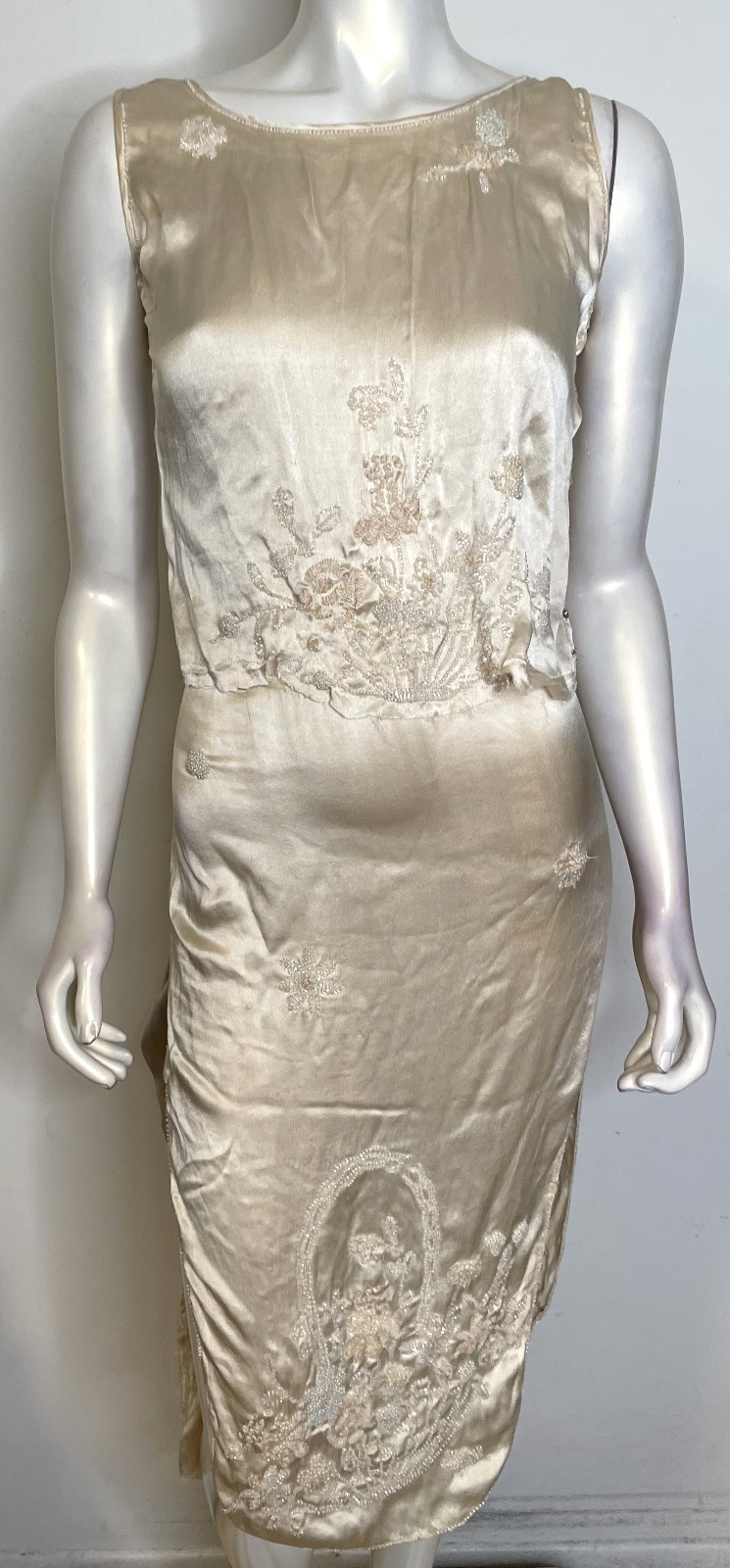 Antique 20s 30s Hand Beaded Ivory Silk Top & Skirt XS S Needs Repair Pearl