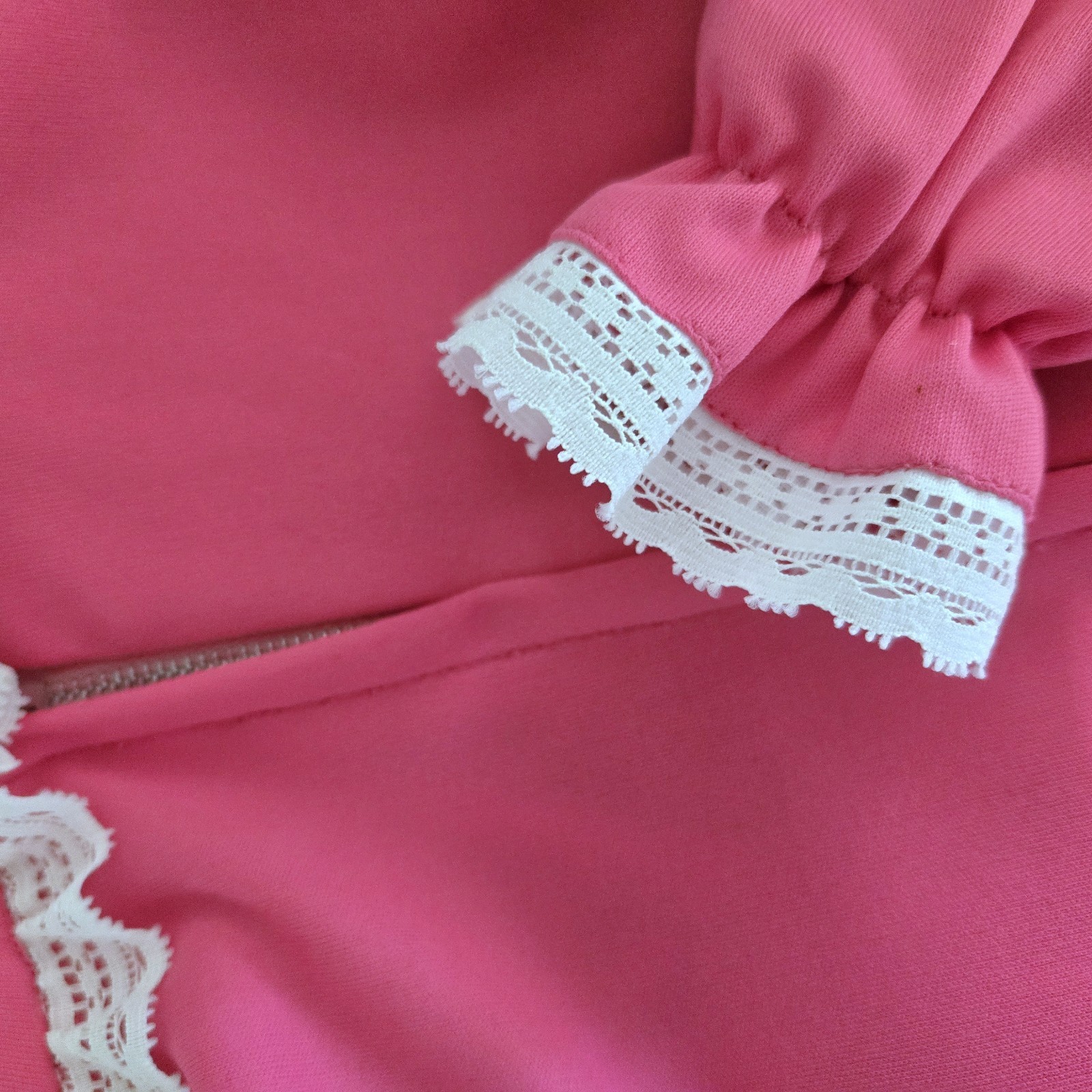 Vtg 60s 70s Pink Cameo Maxi Dress, Lace Trim, Sash, Long Sleeve, Party, Union