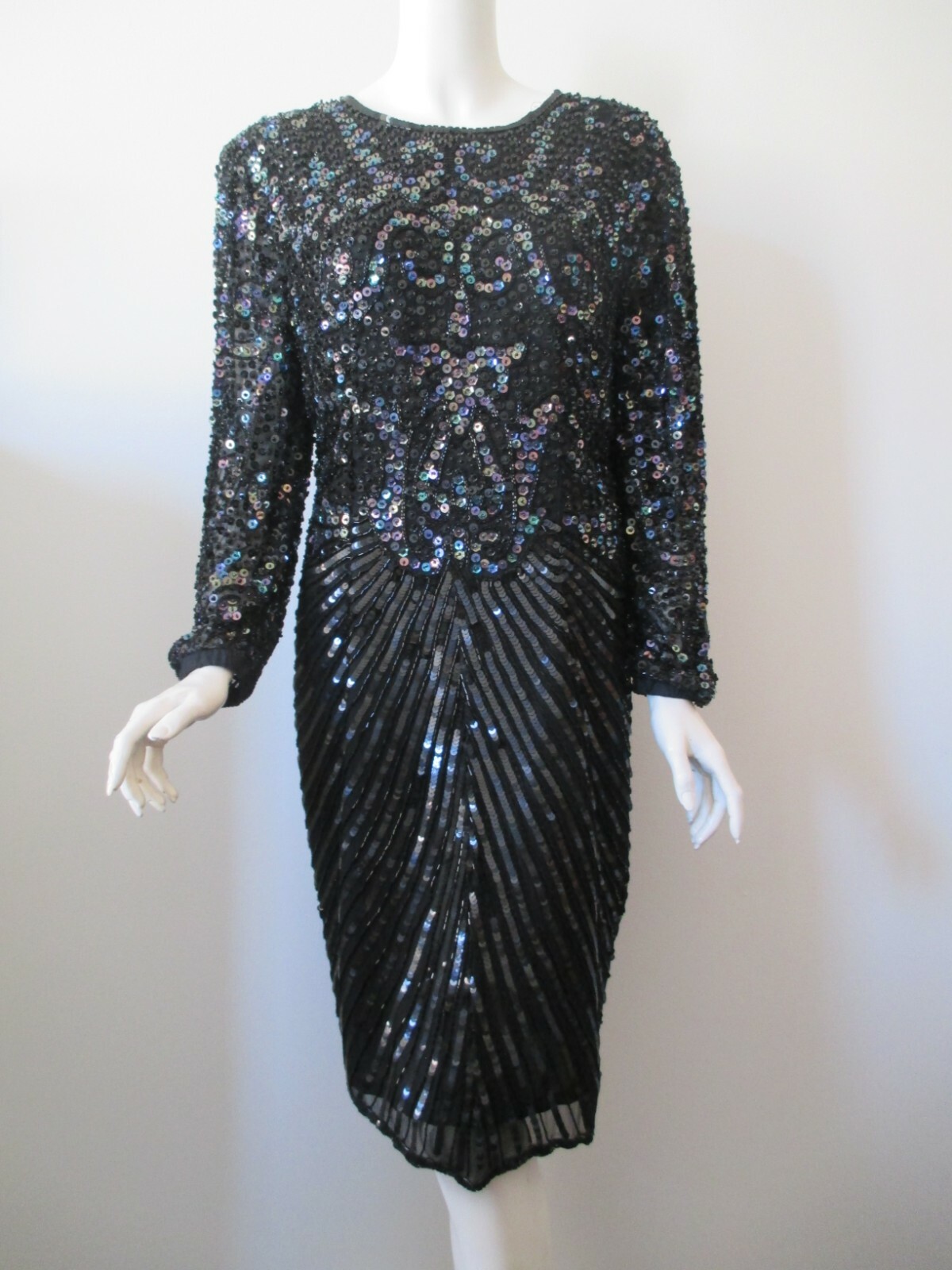 Vintage SWEE LO Black Hand Sequin Beaded Slim Fit Evening Party Dress L