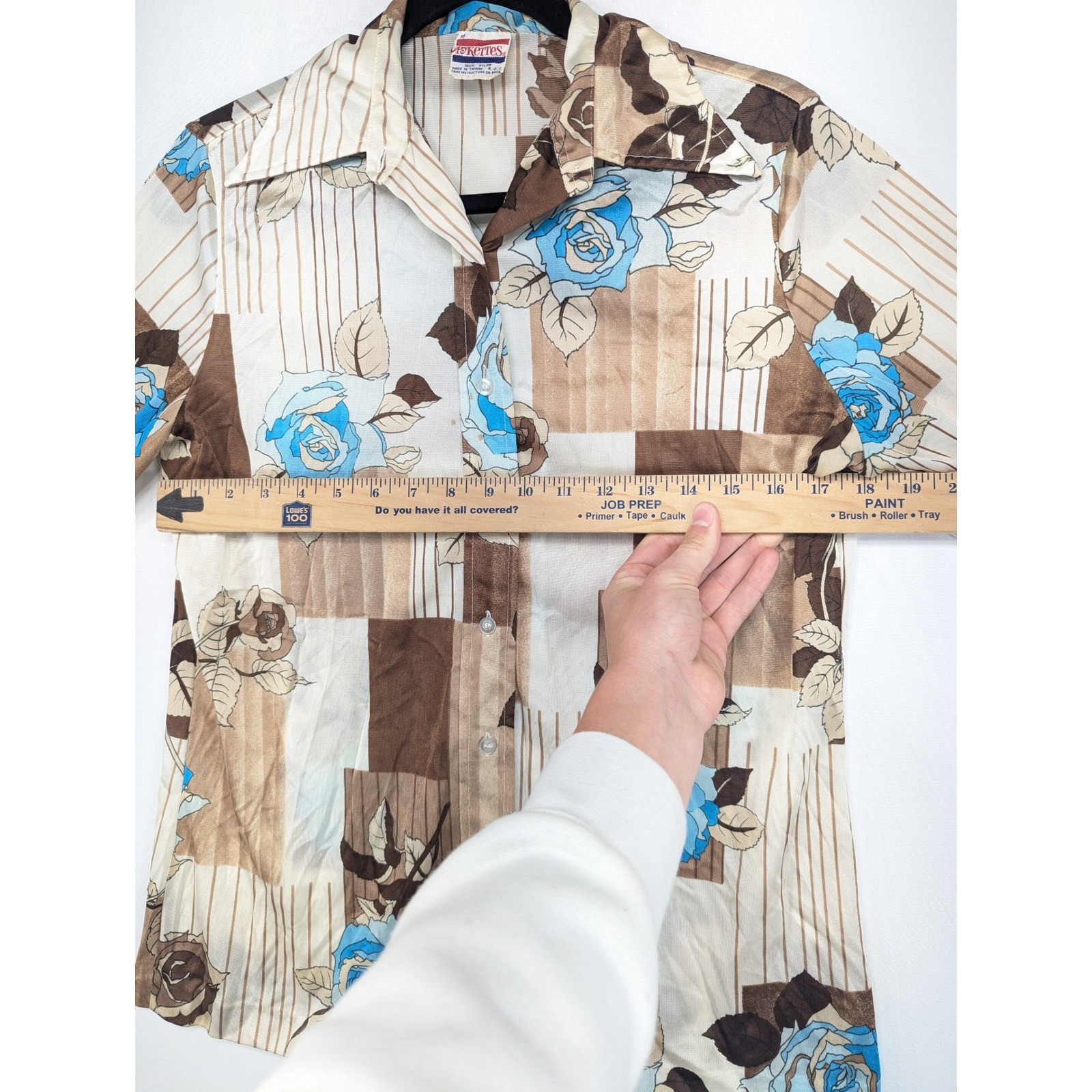 Vintage Pykettes 70s Floral Geometric Nylon Button Up Blouse Blue Brown Size 16