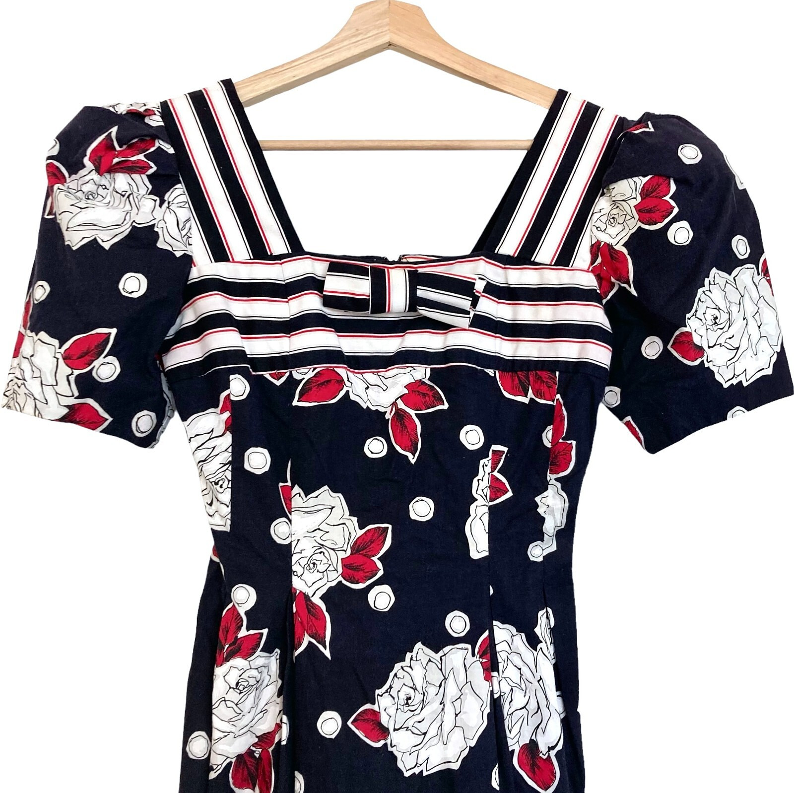 Vintage 80s LESLIE LUCKS Floral Midi Pencil Dress Sz 4 Puff Slve Pinup Secretary
