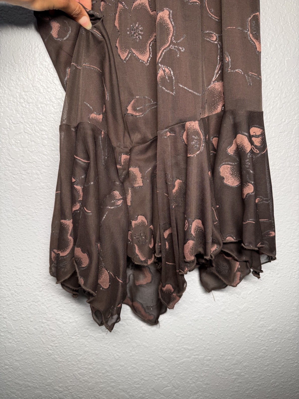 vintage 90s sparkle brown dress ruffle asymmetrical halter flow formal festival