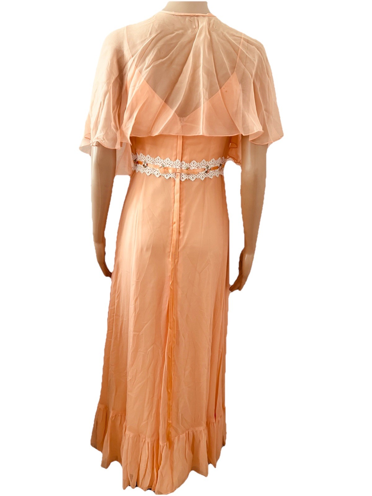 VTG 60s Peach Chiffon Maxi Dress Capelet Floral Lace Ribbon Trim Hemline Damage