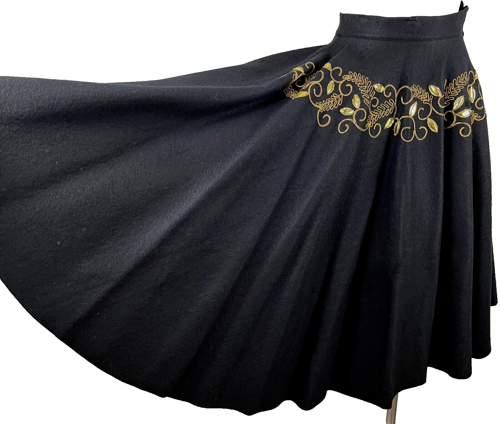 VTG 50s Miss Marilyn Dallas Black Circle Skirt Gold Embroider Applique 24″ Waist