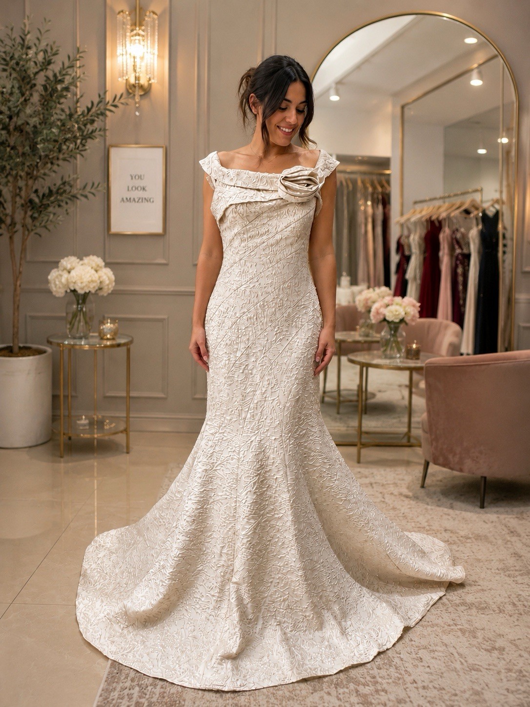 Terani Couture Ivory Off-Shoulder Cap Sleeve Textured Mermaid Train Zipper