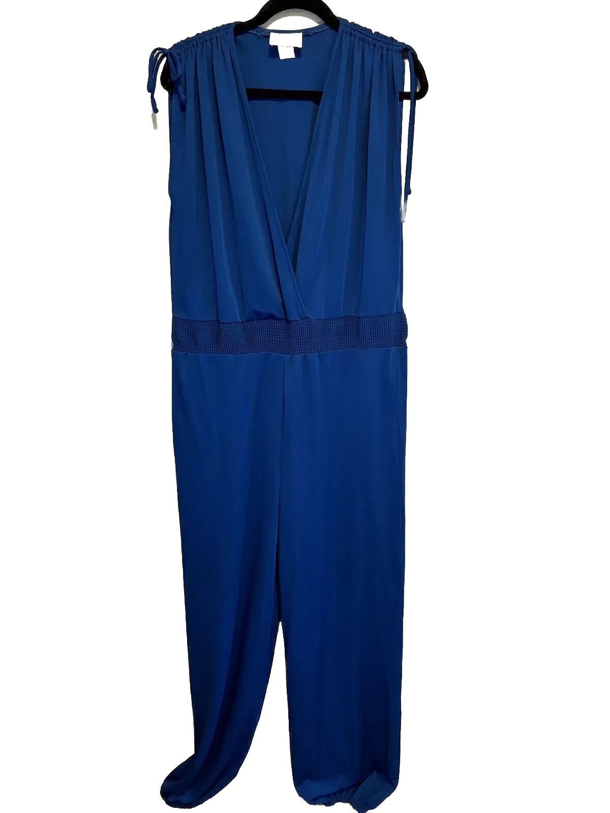 Johnathan Logan VTG USA Made Blue V-neck Jumpsuit L Harem Pants Elastic Waist