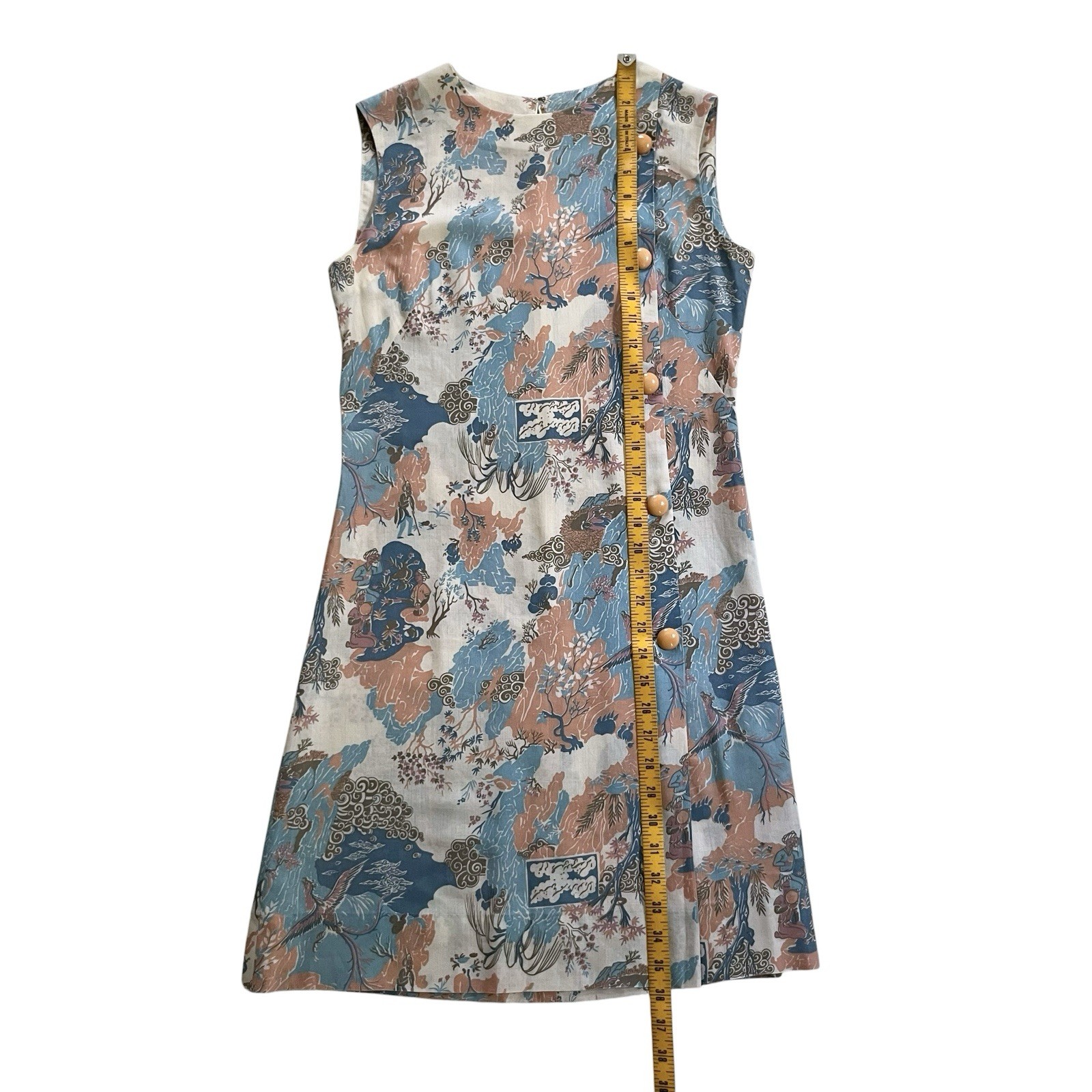 50s 60s Vintage Handmade Asian Inspired Print Shift Dress Small