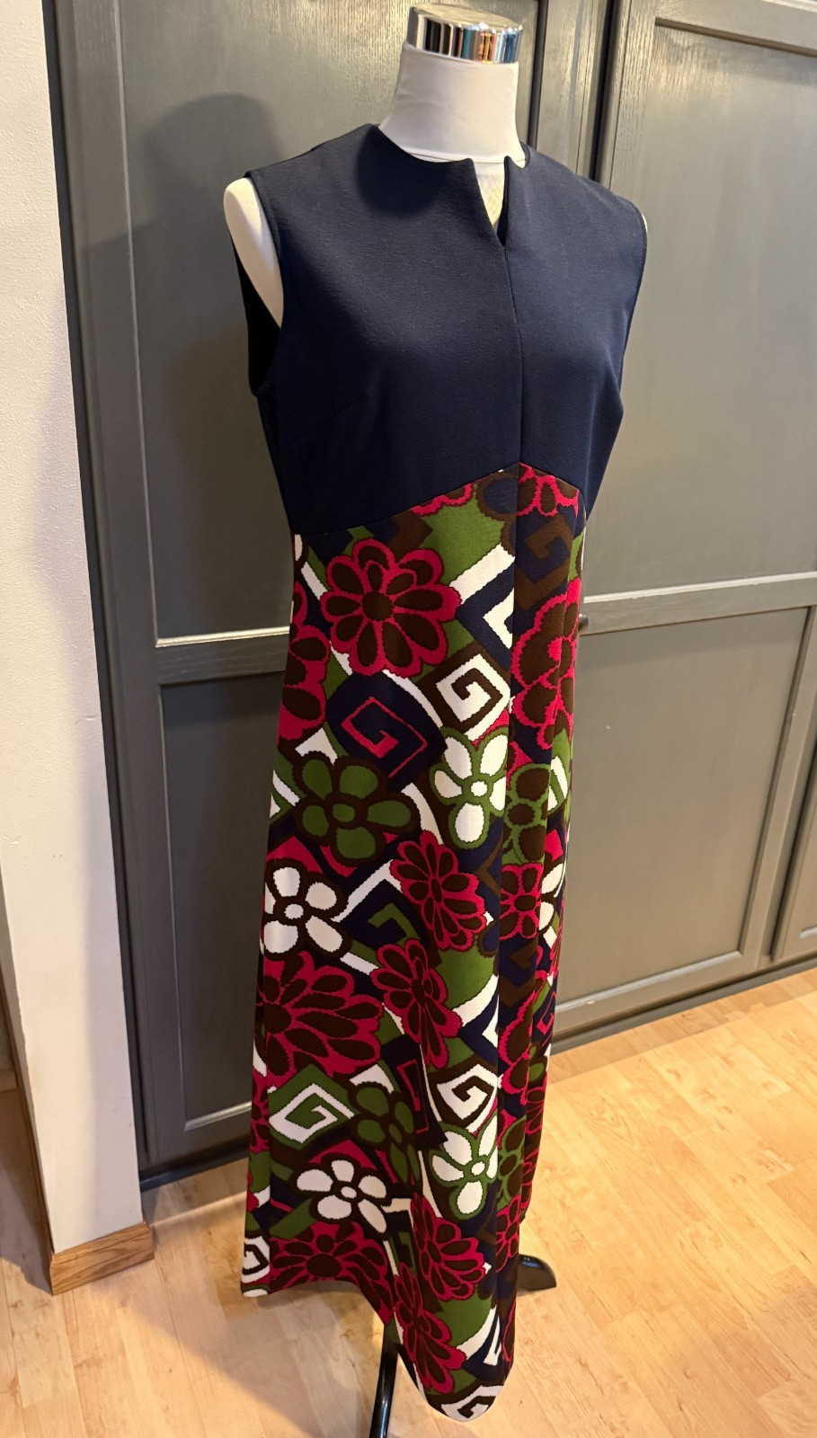 Vintage 60s 70s PURITAN Forever Young DRESS Floral Mod Maxi Sleeveless Blue MCM