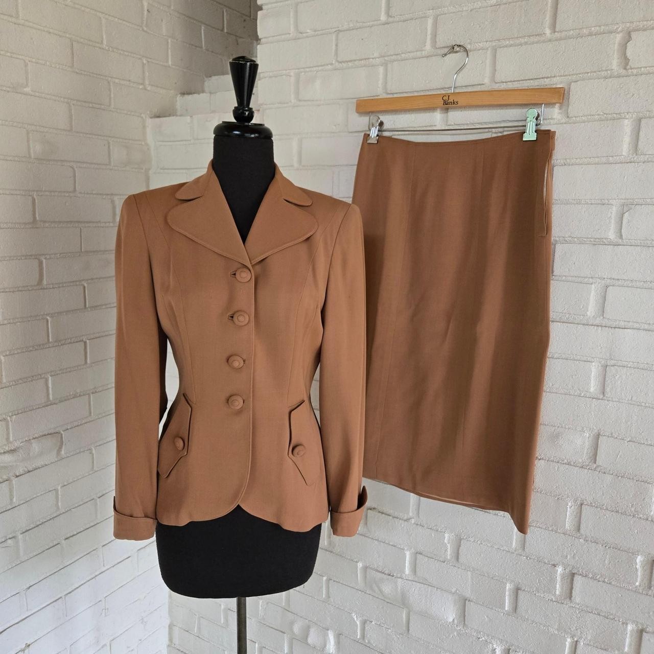 Vtg 1940s, 50s Skirt Suit Set Tan Brown High Quality, Meis Bros Forstmann Wool