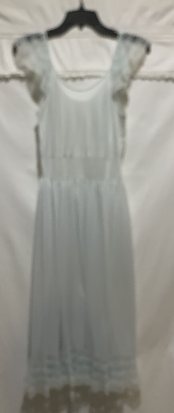 ❤️Vintage 1940s 50s Nightgown Small Sheer Pleated Ruffle Hem Blue Nylon Lace