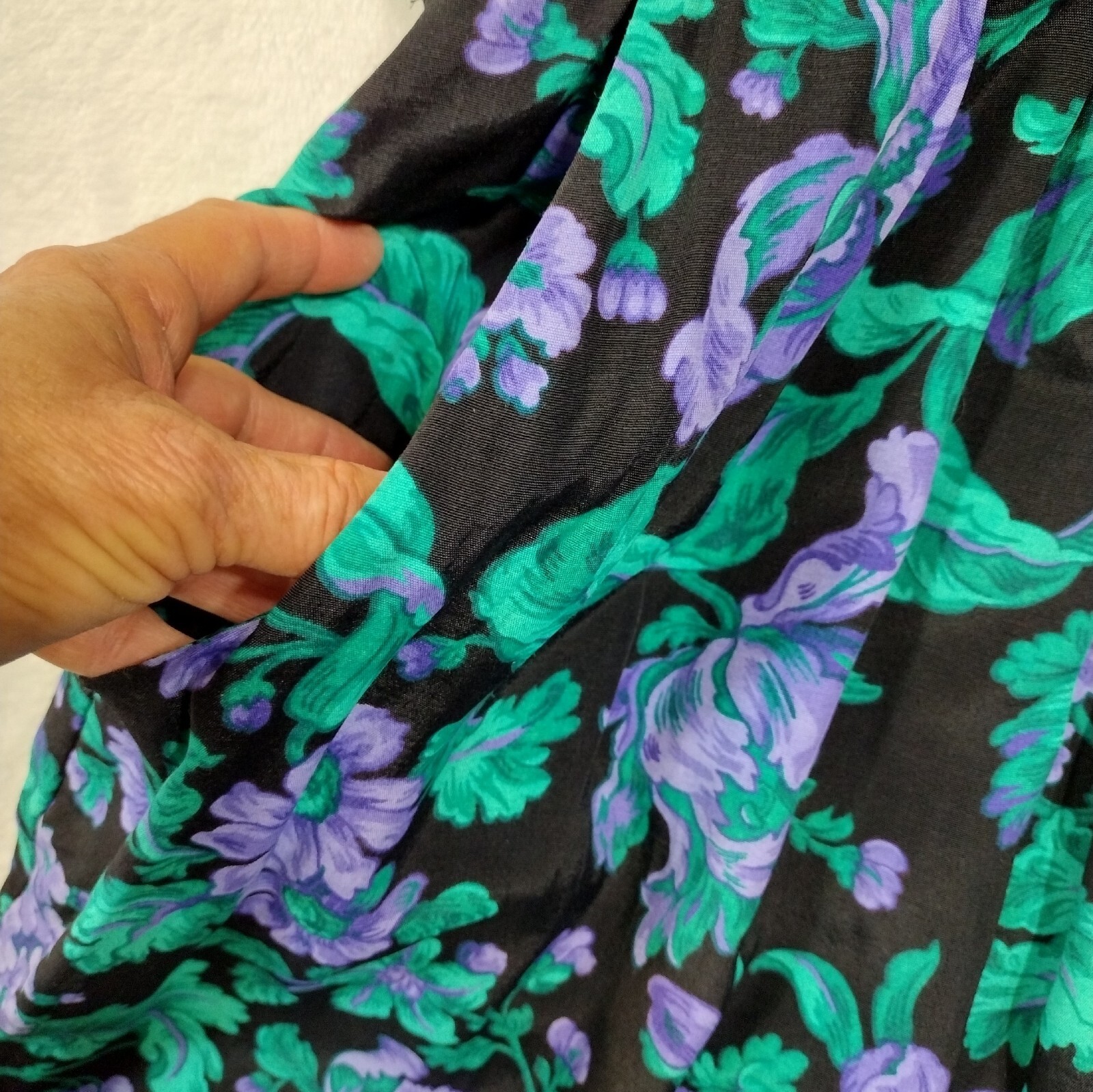 Vintage Ansley Midi Dress Black w/ Purple Flowers Pockets 80s 90s Made USA READ