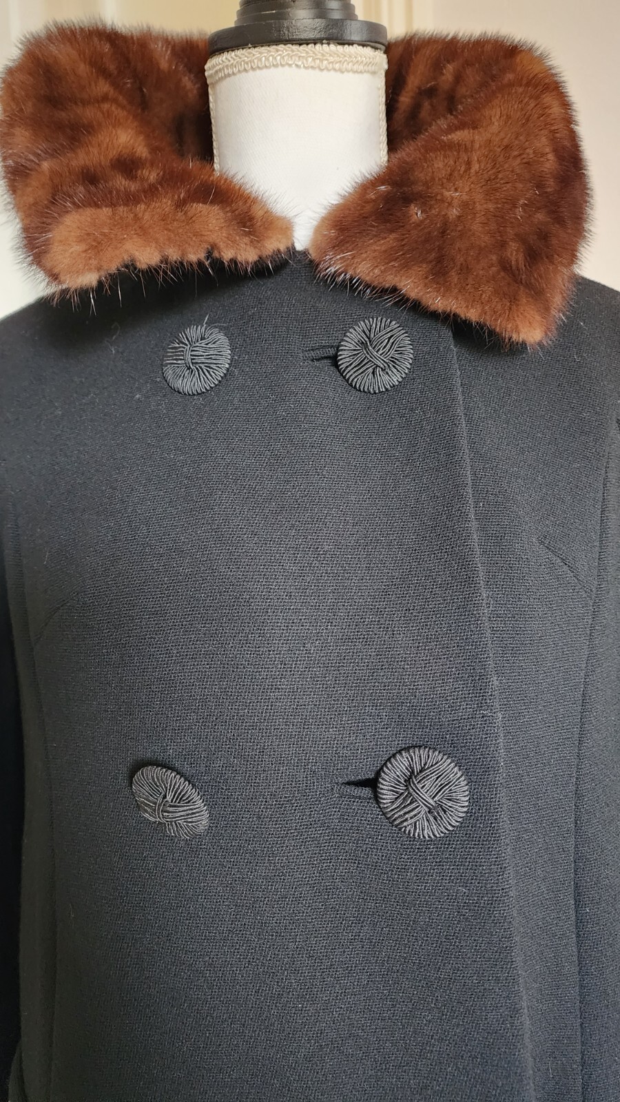 50s Vintage Black Wool Coat w Mink Collar S/M HIRSCH Chicago VASSAR CREATION