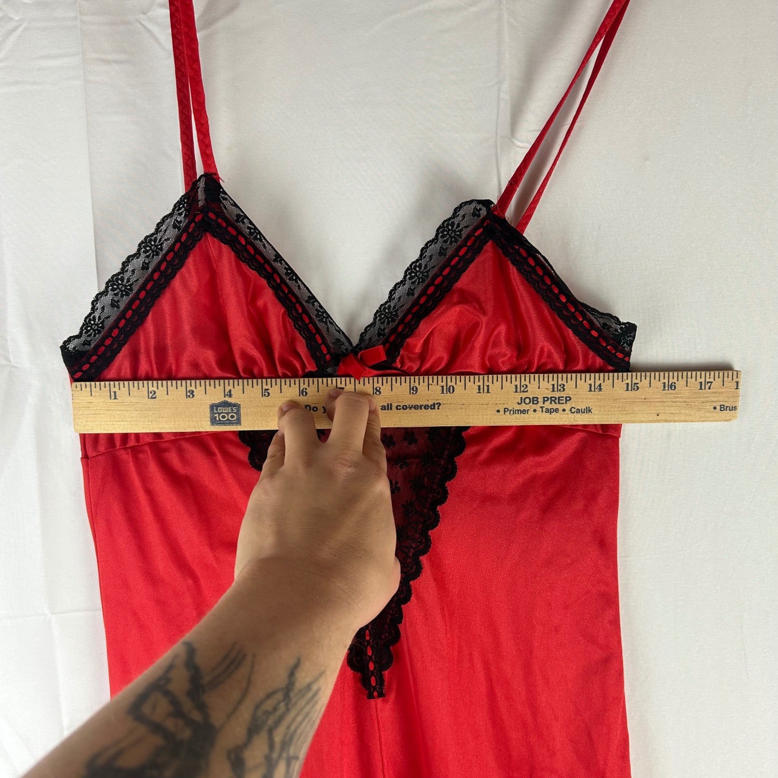 Vintage Paramount New York Red Satin Nightgown Black Lace Trim Maxi Slip Dress
