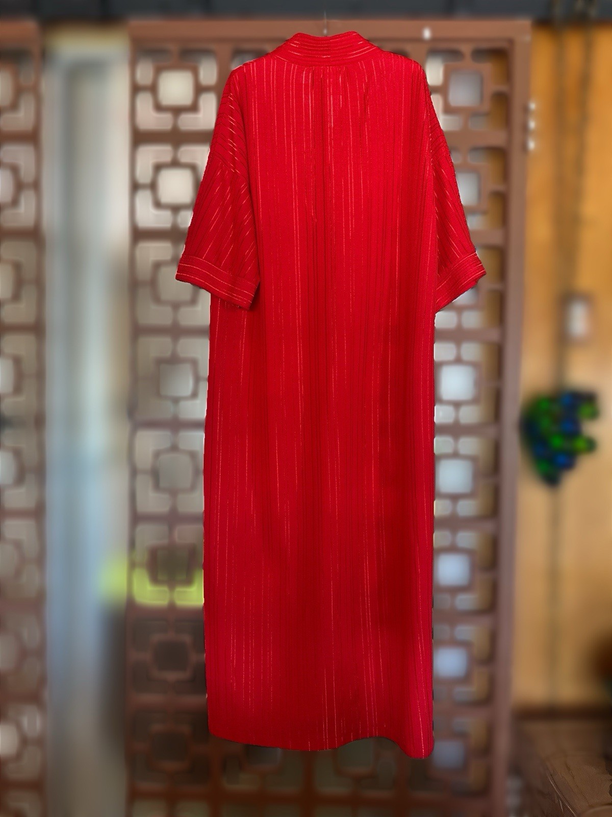 Vintage 70s Red APPEL Caftan Hostess Maxi Dress Ribbed Polyester Retro OSFM