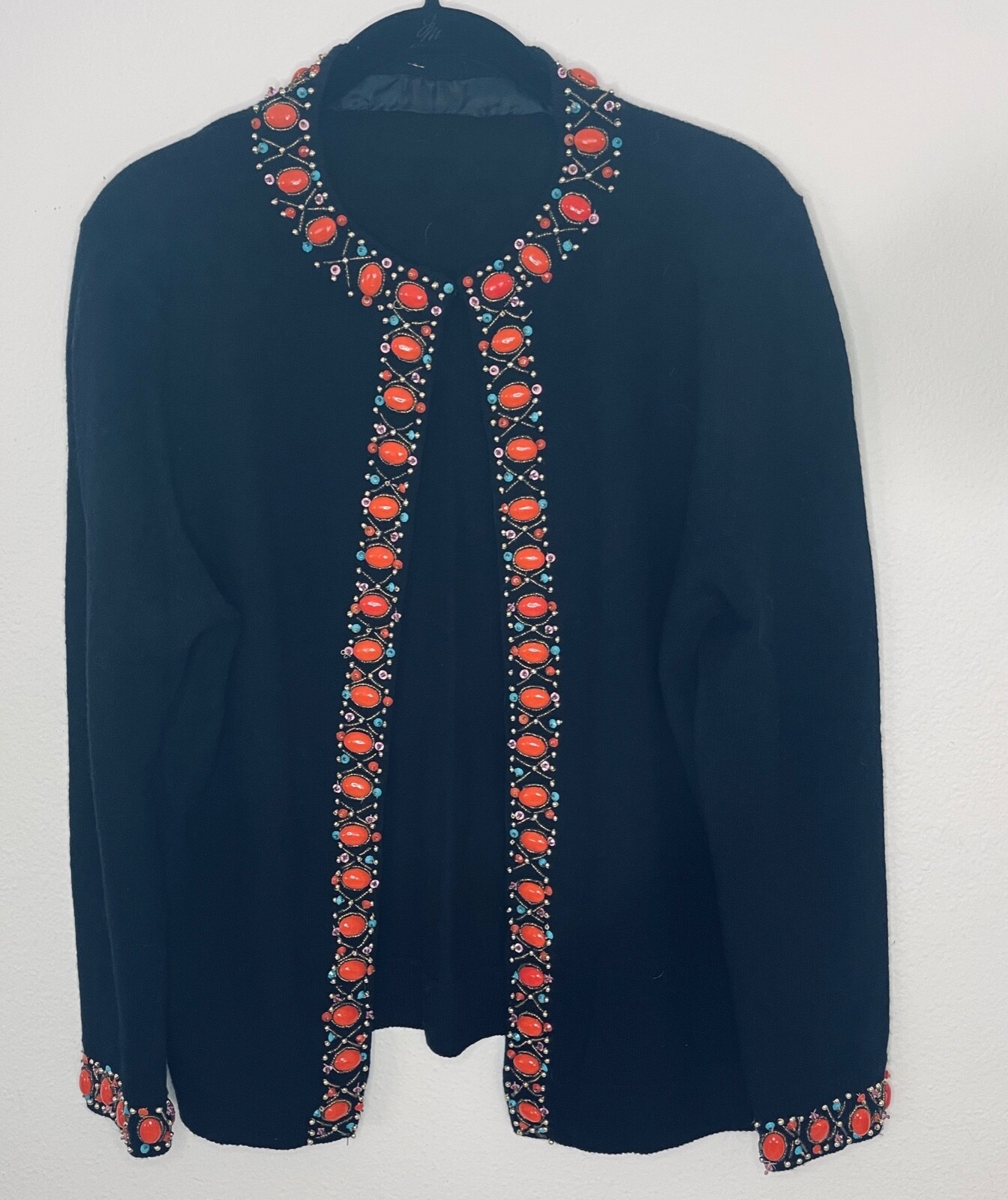 CERVELLE Sweater Beaded Embellished Open Cardigan Ramie Cotton Black Vintage L
