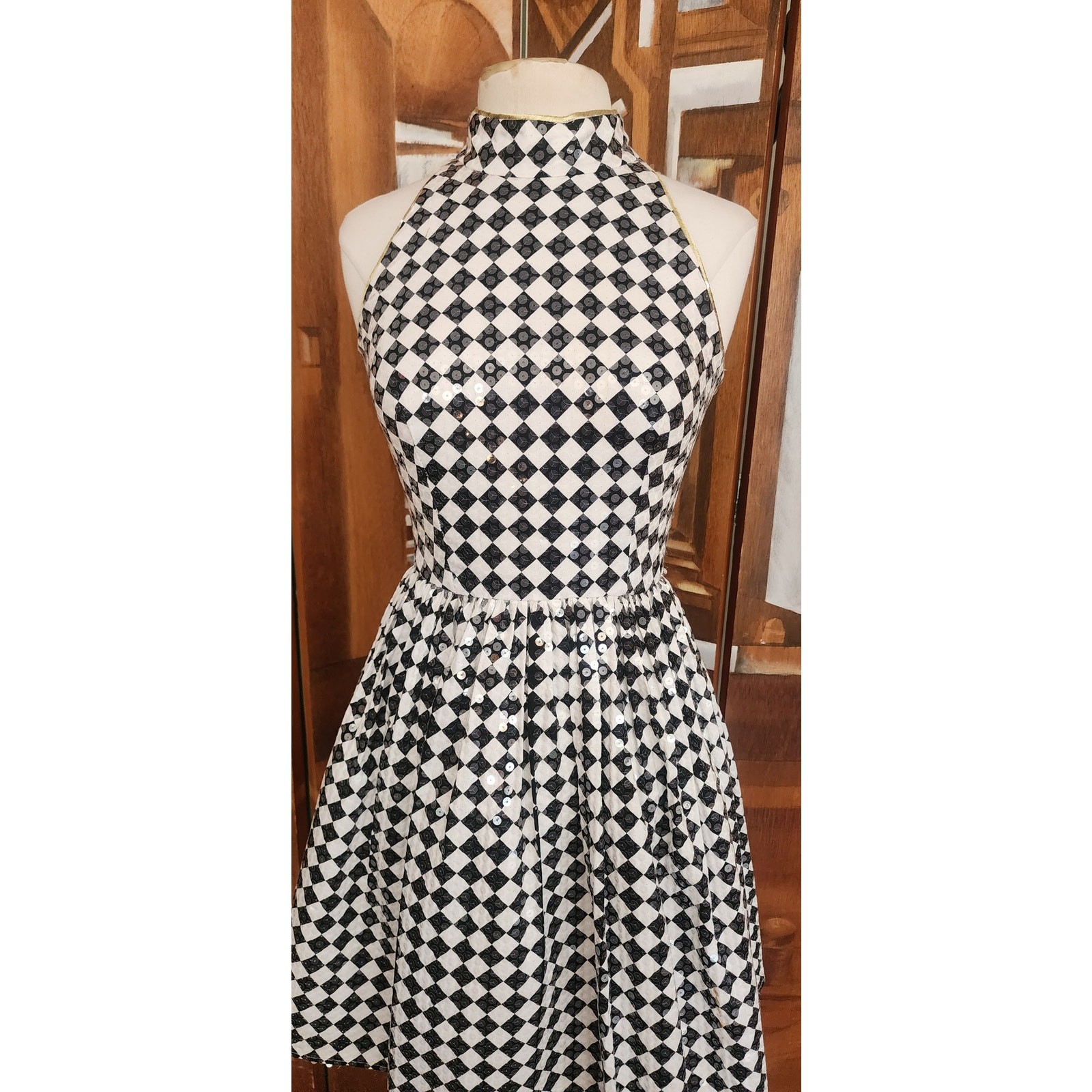 VTG 80s Morton Myles Dress Mod Black White Checkerboard Sequins Sleeveless S