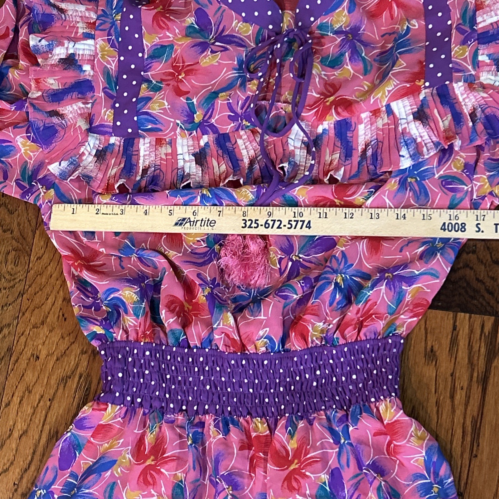 Vintage Lachine Hong Kong Pleated Ruffle Pink Purple Long Sleeve Dress P Small
