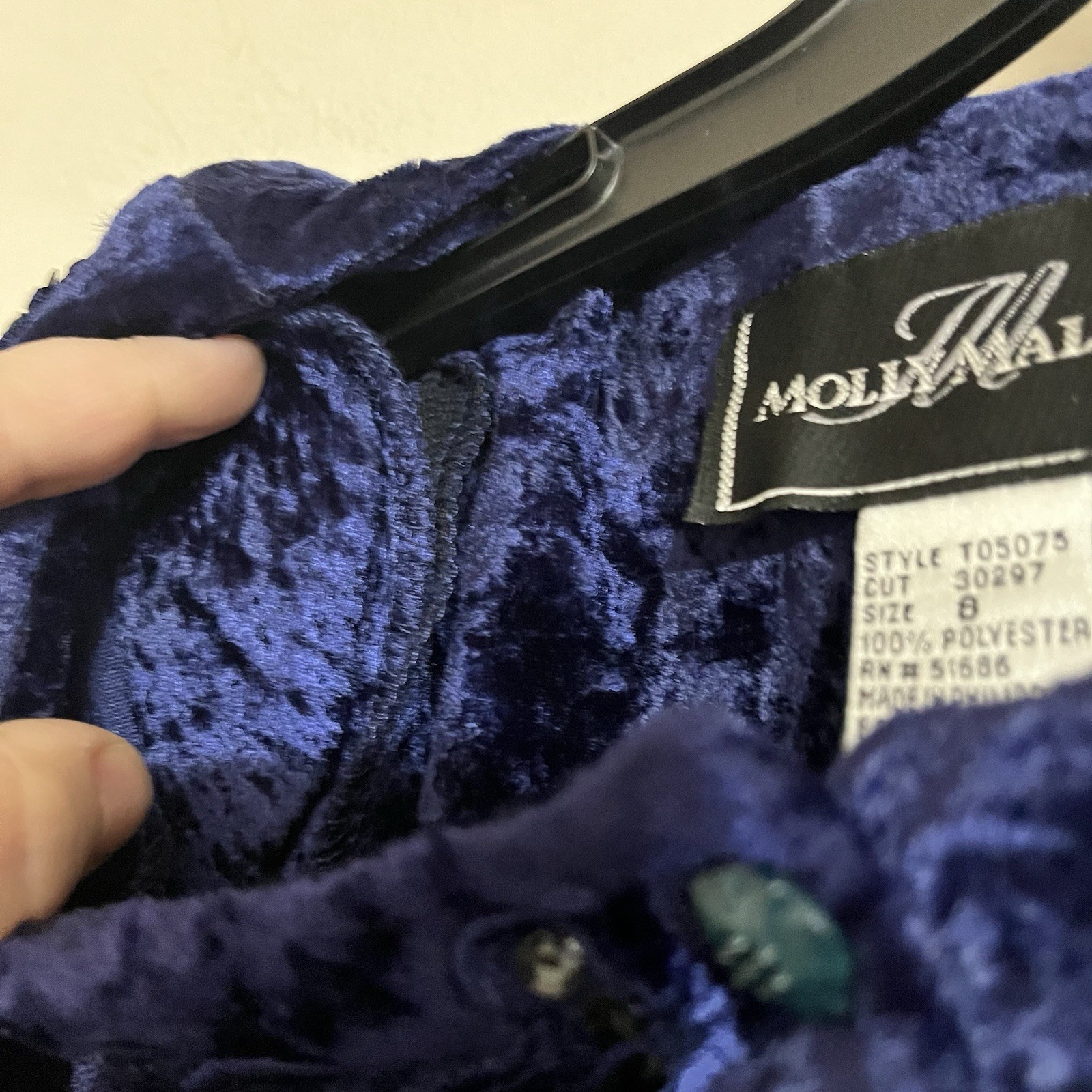 90s Vintage Molly Malloy Dress Women’s Size 8 Midi Length Blue Crushed Velvet