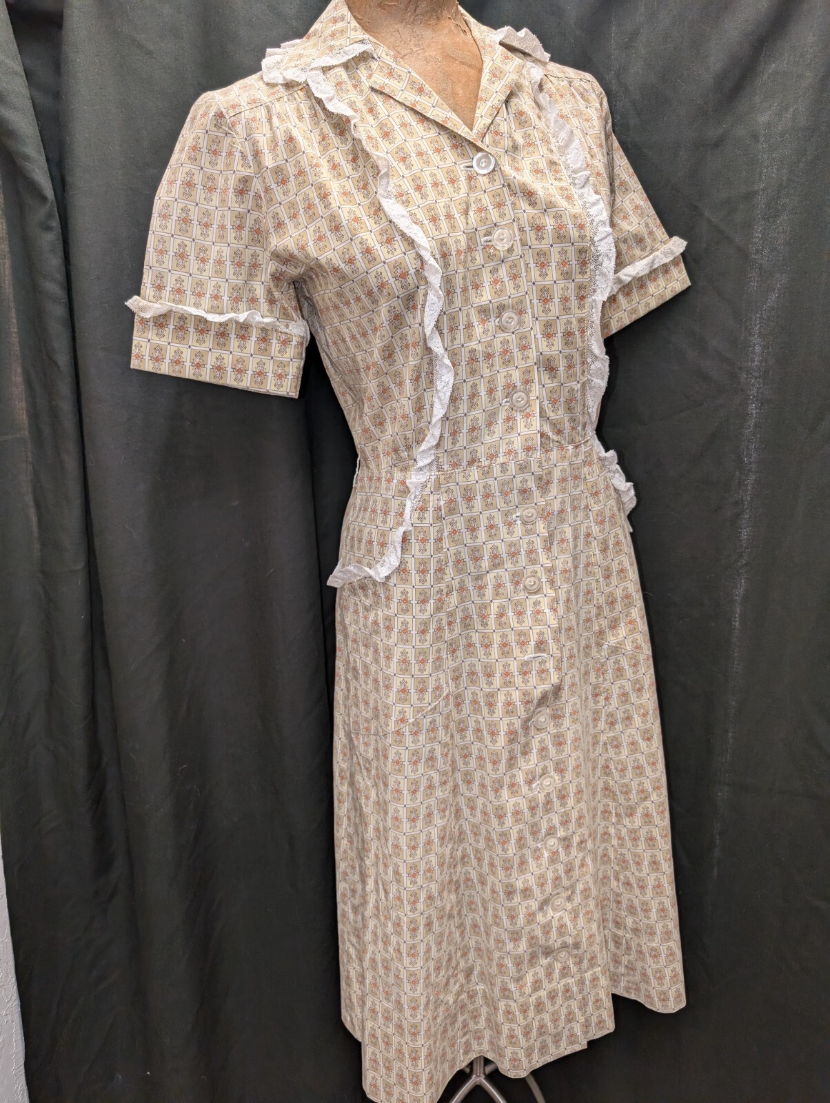 Vtg. 50s Pale Tan White Orange Cotton Button Front Day Dress S/M