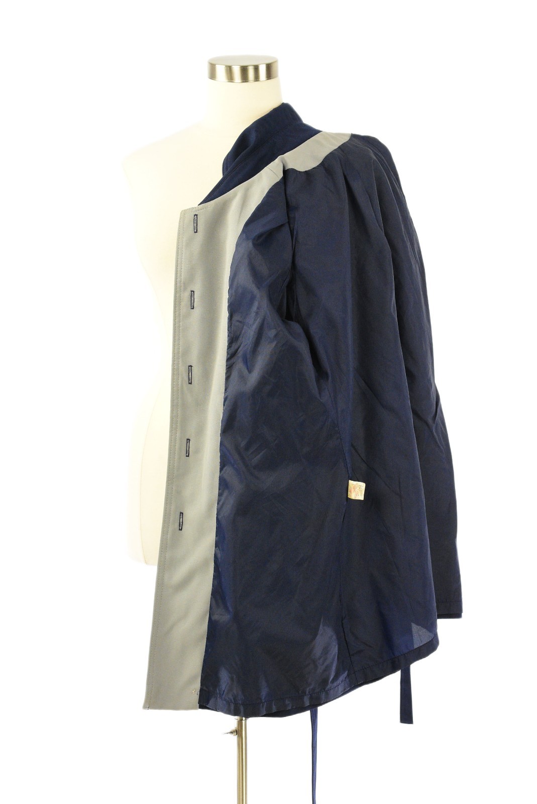 70s Vintage Gabardine Jacket Womens M Navy Blue Trench Coat Gray Piping Belted