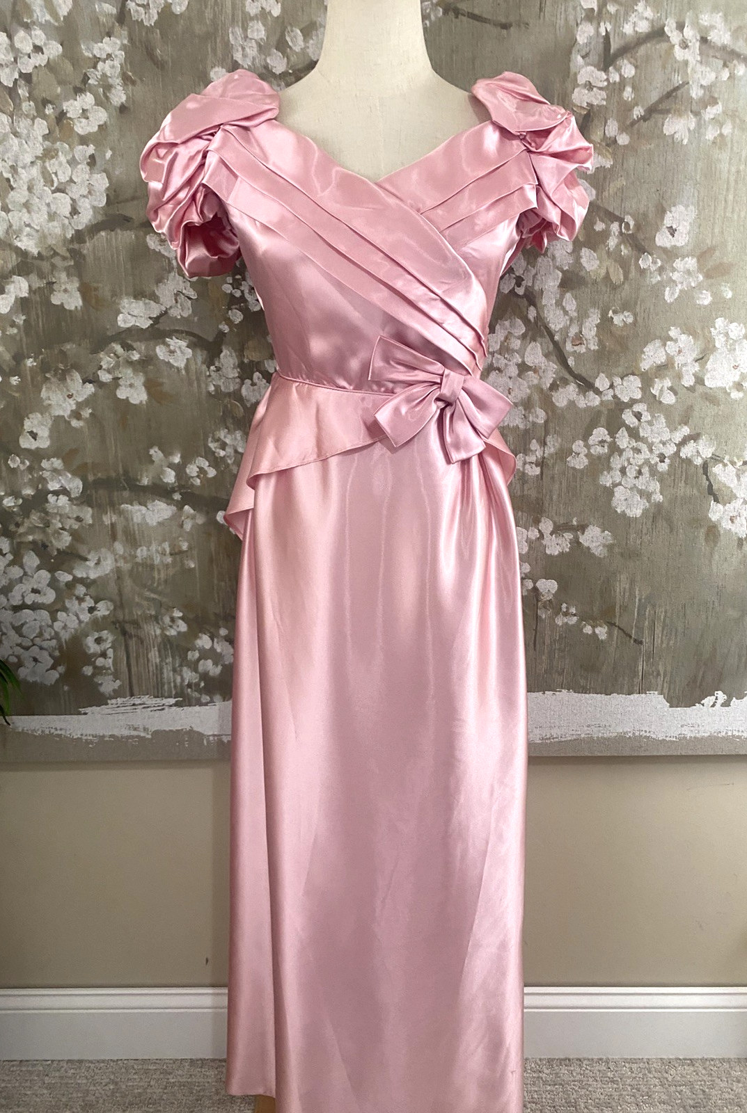 VTG 70’s Pink Satin Union Made Coquette Back Cascade Prom Bridesmaid Dress S
