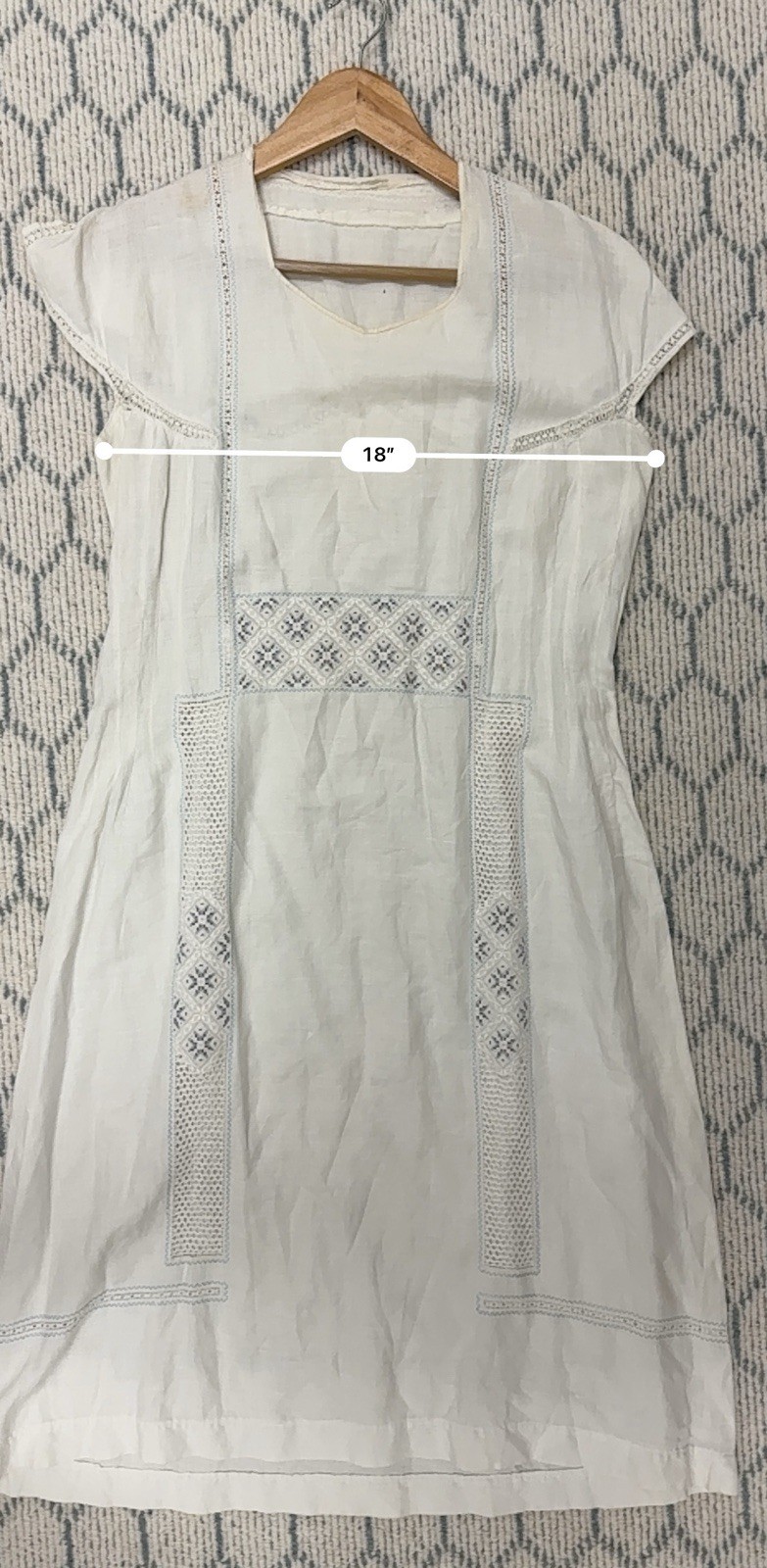 1920’s Antique Hand Embroidered Linen Chevron Lace Cottagecore Cream Lawn Dress