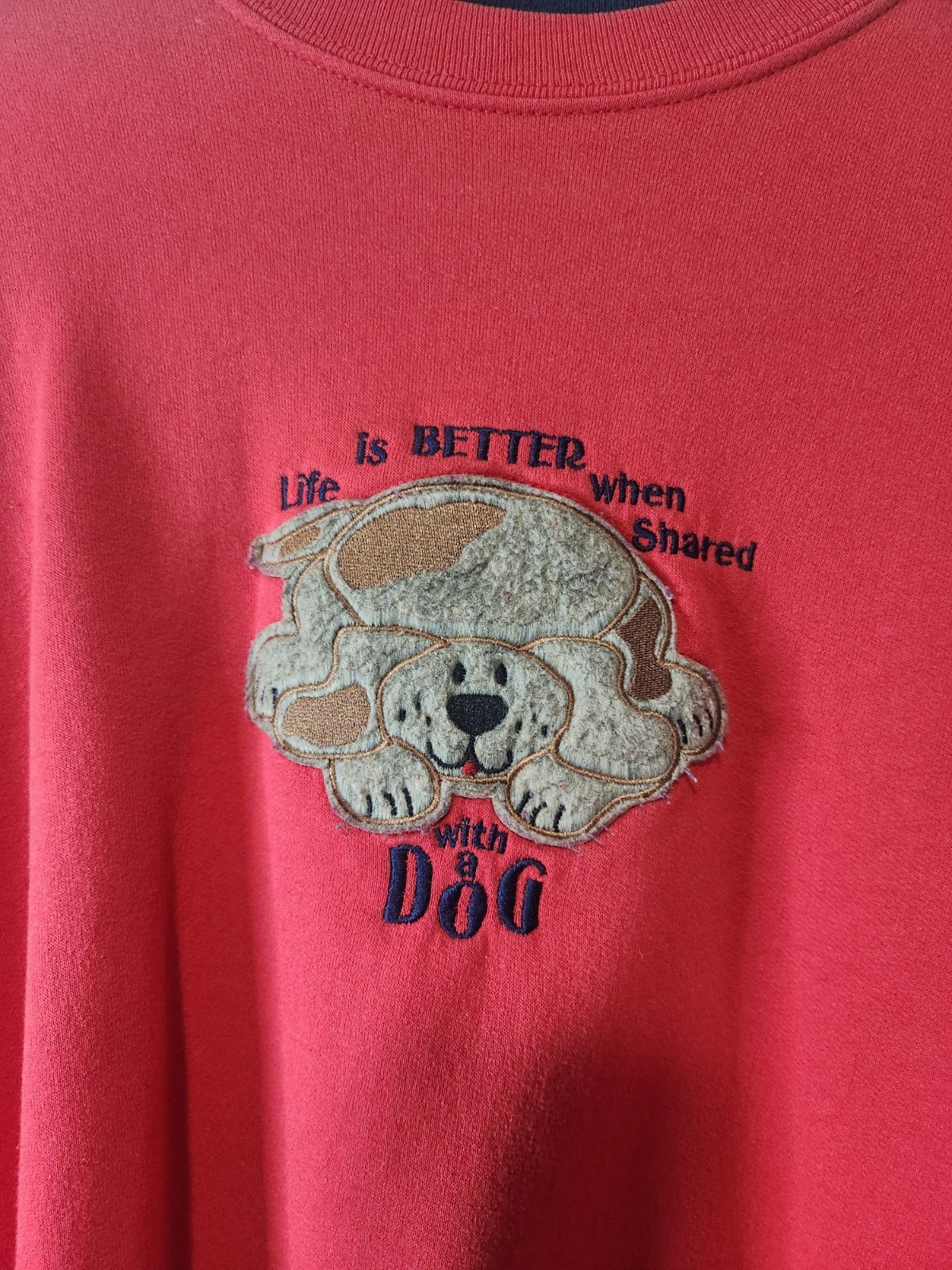 Vintage MC Energy Sportswear Red Life Is Better W/ A Dog Sweater. Size XL.
