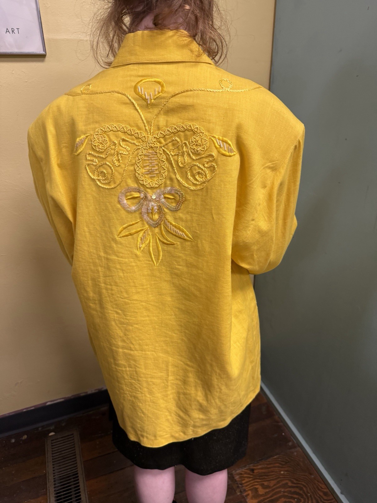 Vintage 80s/90s Adolfo International Yellow Linen Blend Sequin & Beaded Blazer M