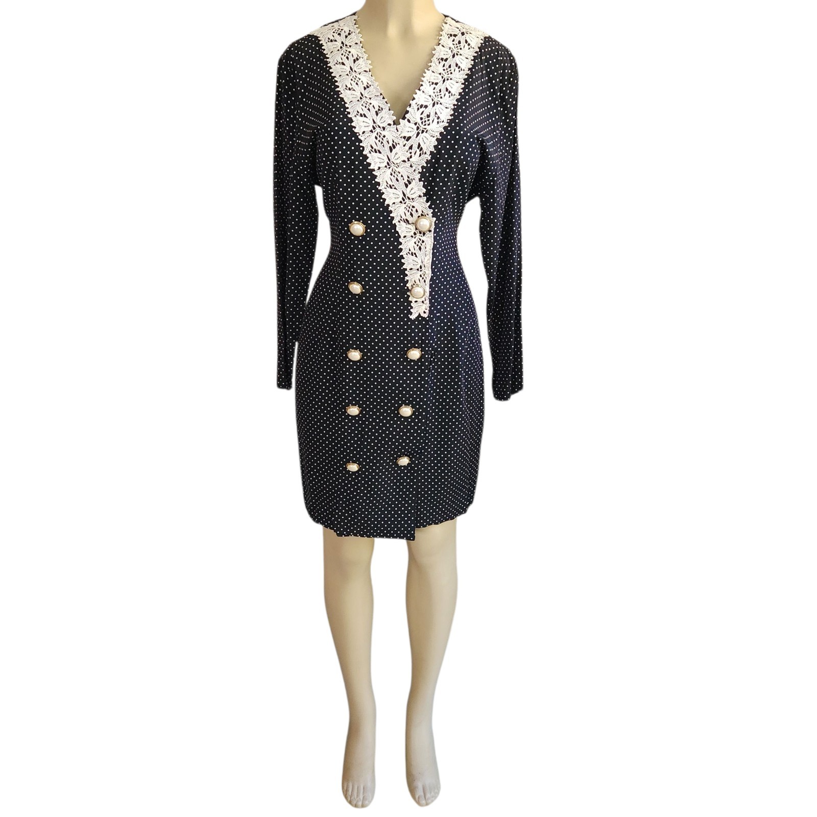 Vintage 70s Black Polka Dot Blazer Dress Sz 13 Double Breasted Office Retro