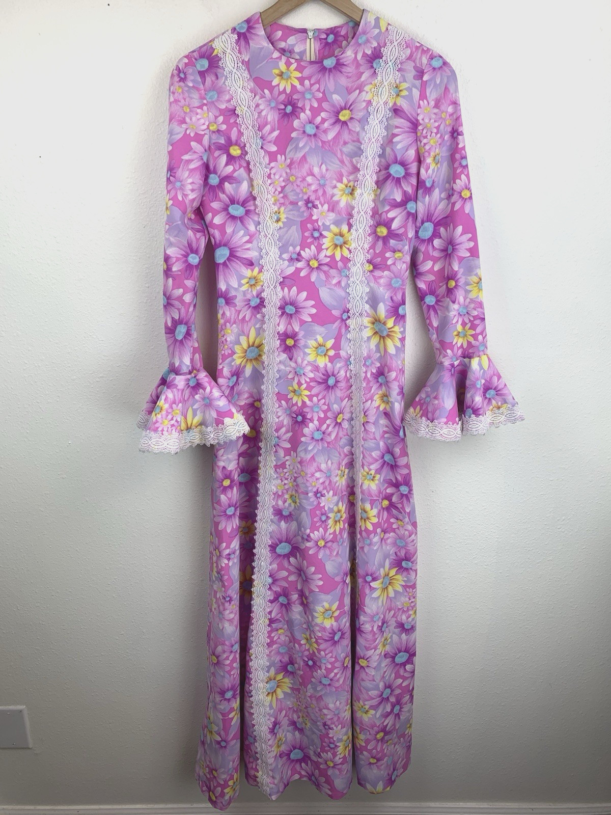 Vintage Purple Floral Maxi Dress Bell Sleeve XXS