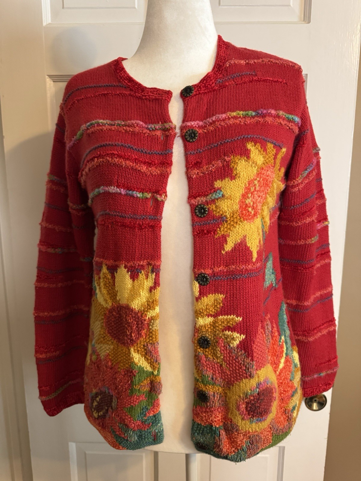 Susan Bristol Sunflower Hand Knit Red Cardigan 2002 Granny core Med Cotton/silk