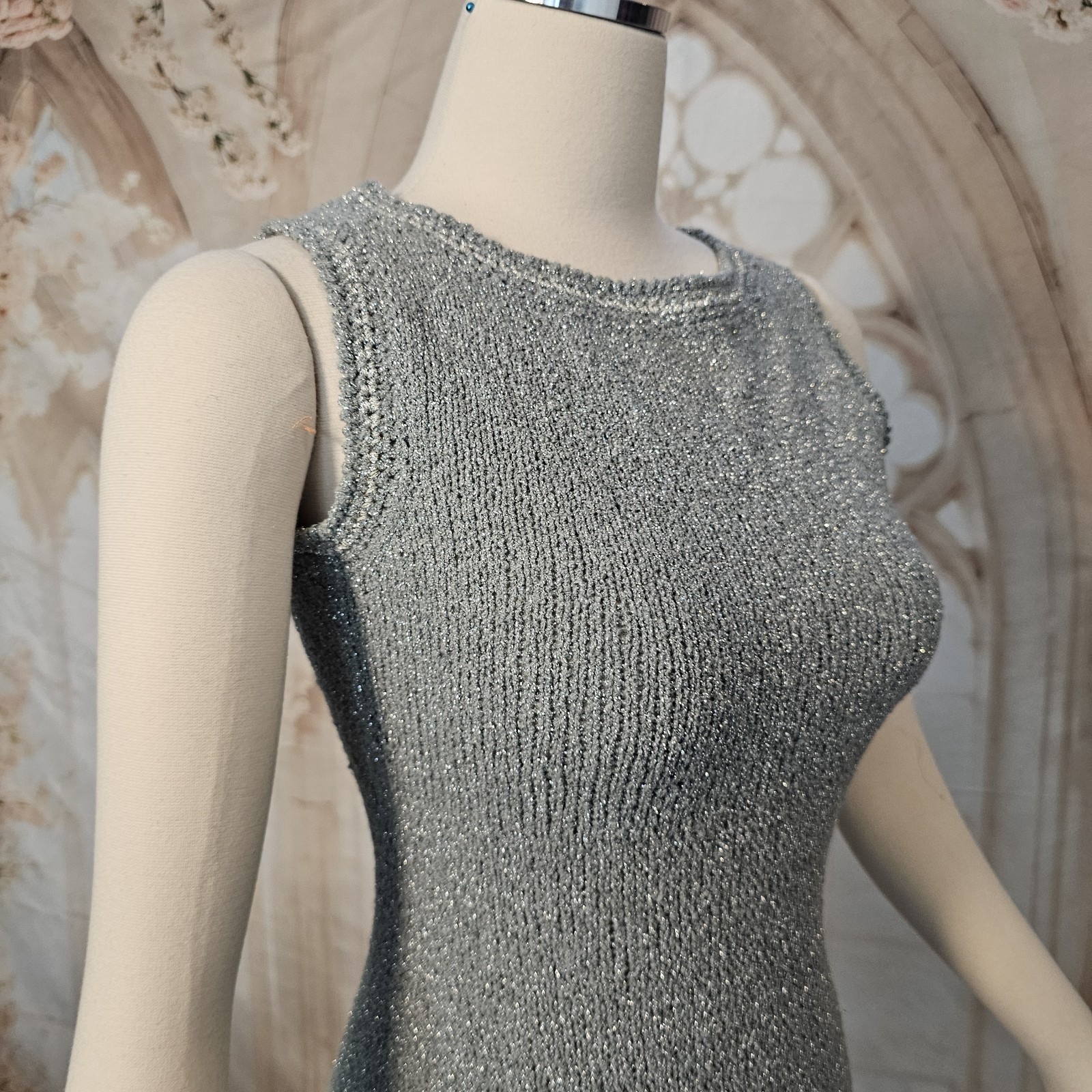 Vintage 1960’s Dress Minidress Silver Gray Metallic Knit Sleeveless Retro Disco