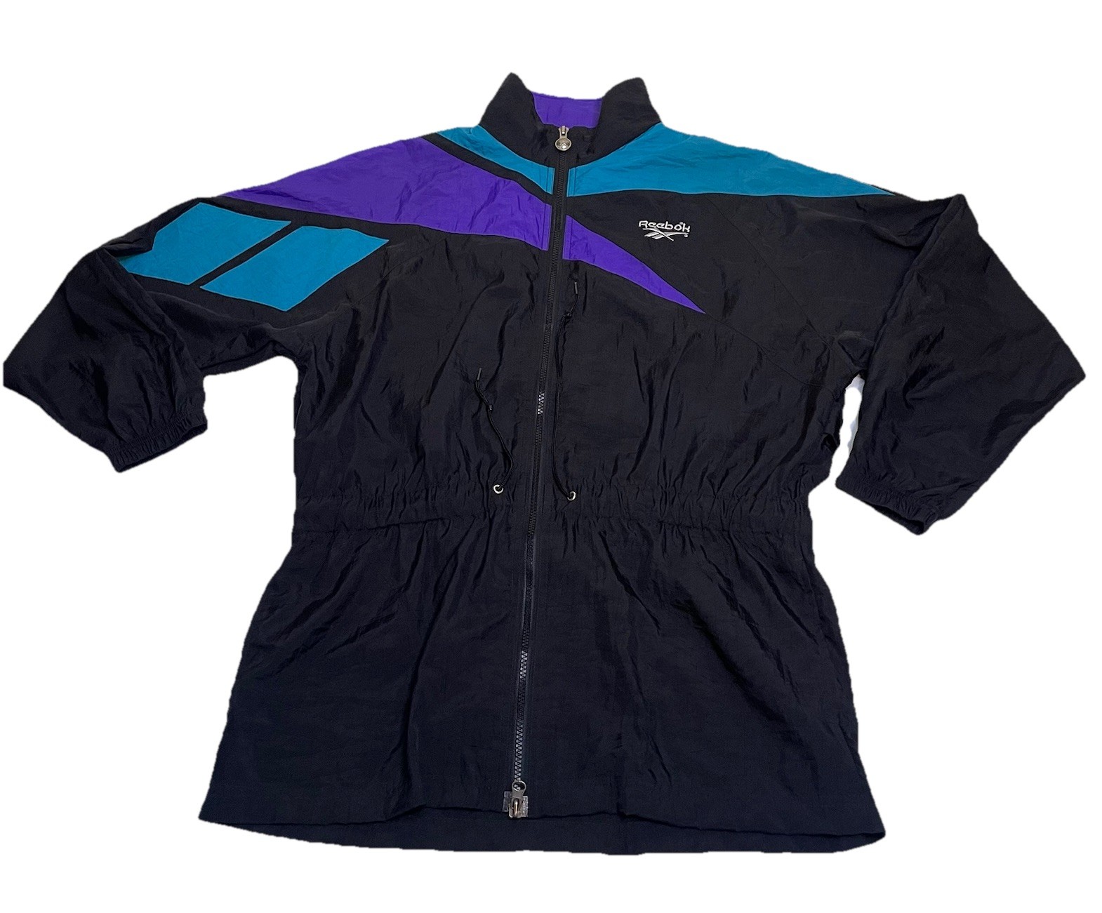 Size Med Vintage Reebok Black Cinch Waist Long Length Windbreaker Nylon Jacket